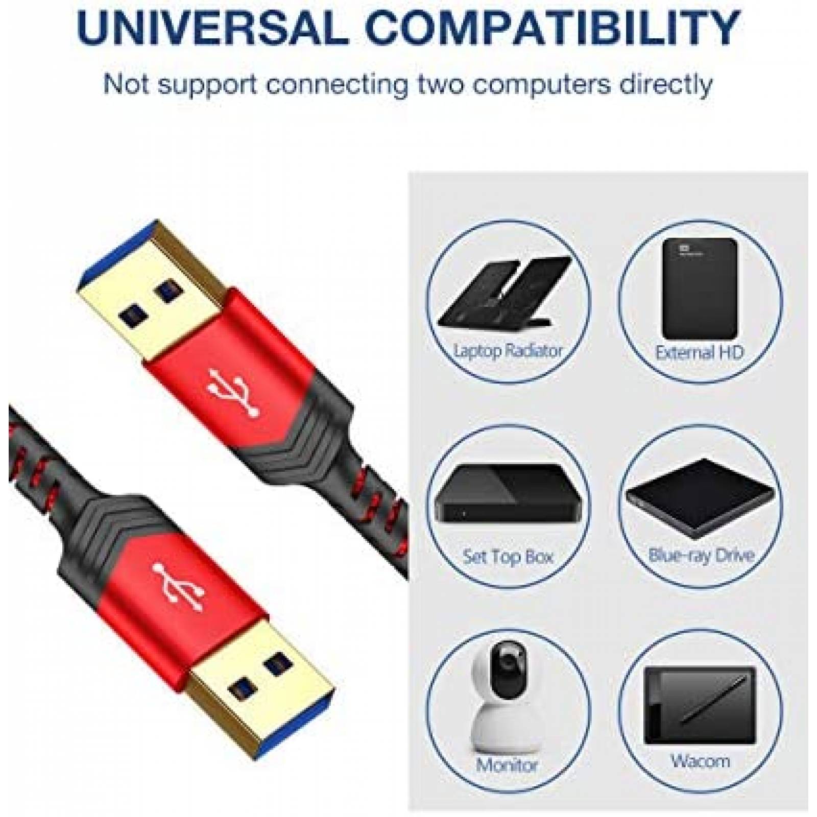Cable USB JSAUX USB 3.0 Macho a Macho 6.6 Pies 2 Pzs -Rojo