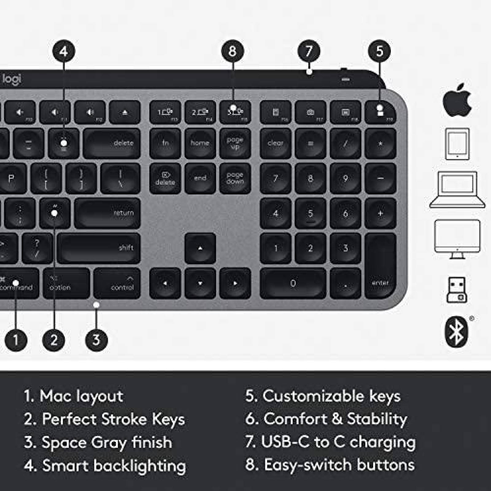 Teclado Logitech MX Keys inalambrico para Mac Bluetooth/USB