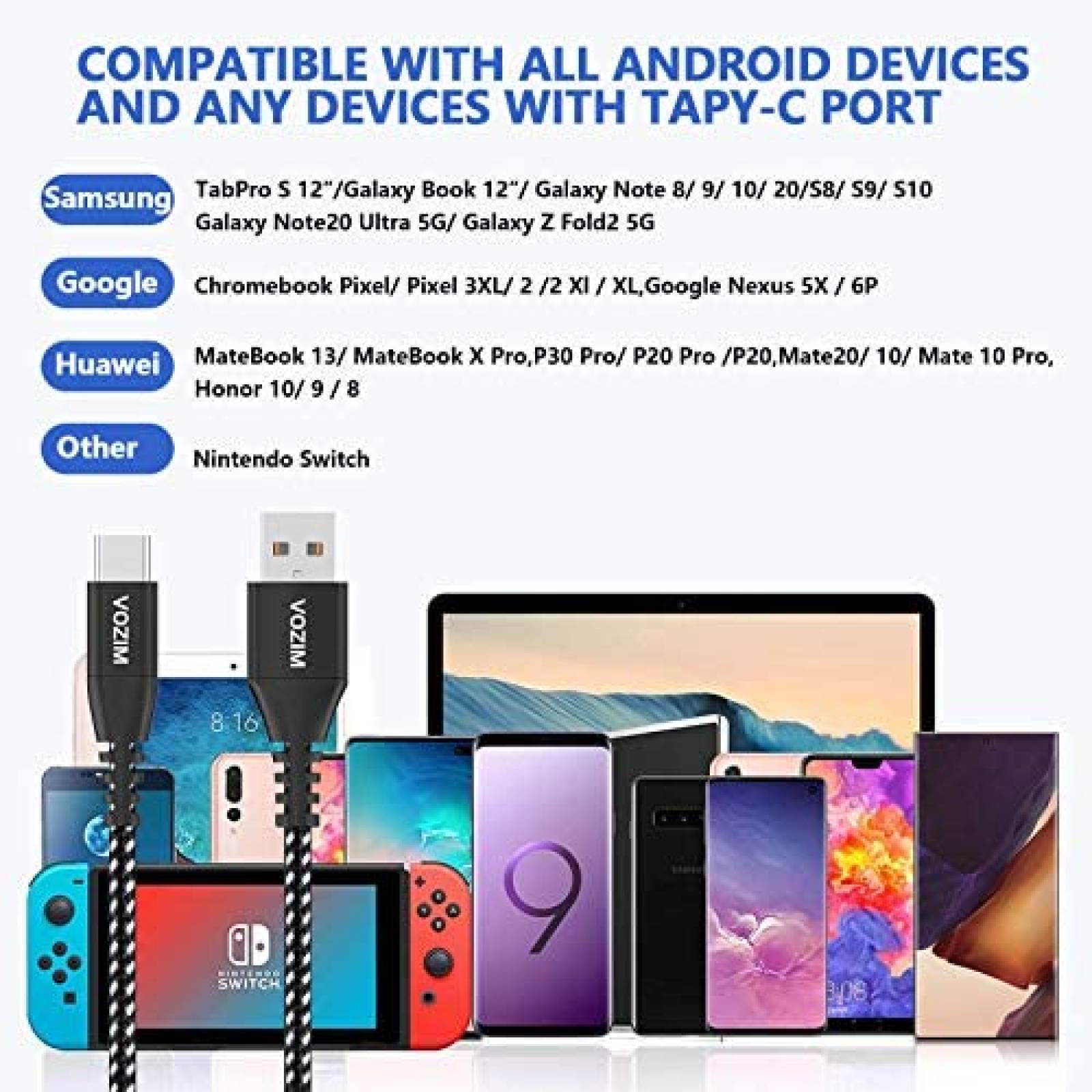 Cable USB C Vozim paquete de 5 USB A a USB C -Negro