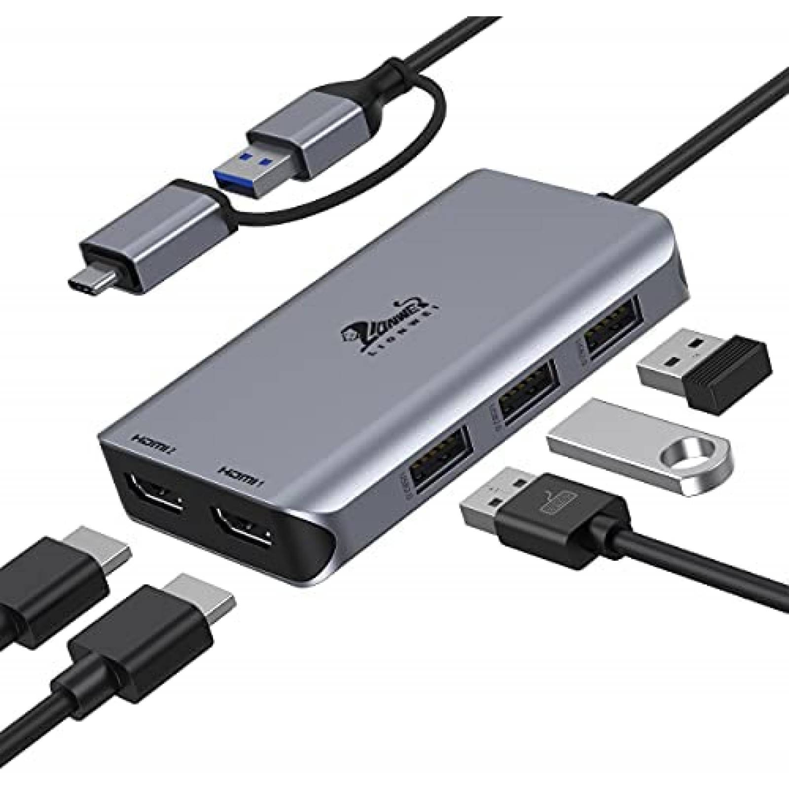 Adaptador LIONWEI 5 en 1 Hub USB-C de Pantalla Dual -Gris