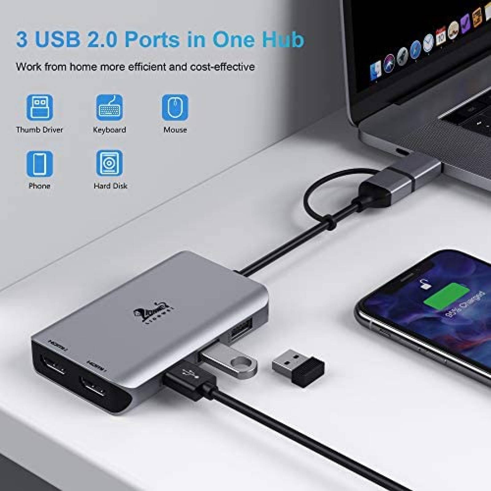 Adaptador LIONWEI 5 en 1 Hub USB-C de Pantalla Dual -Gris