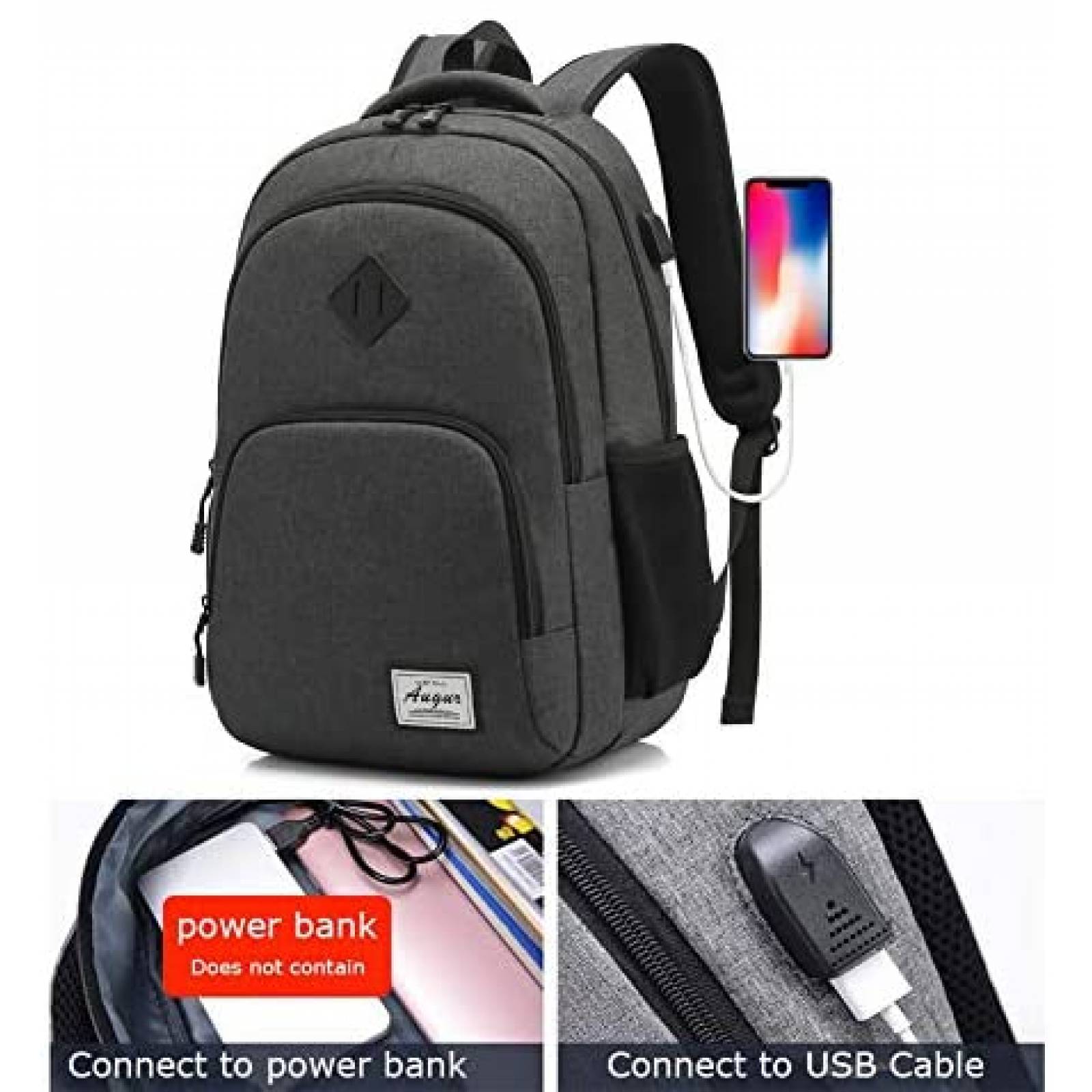 Mochila laptop AUGUR 966N-BLACK Impremeable Trasera -Negro