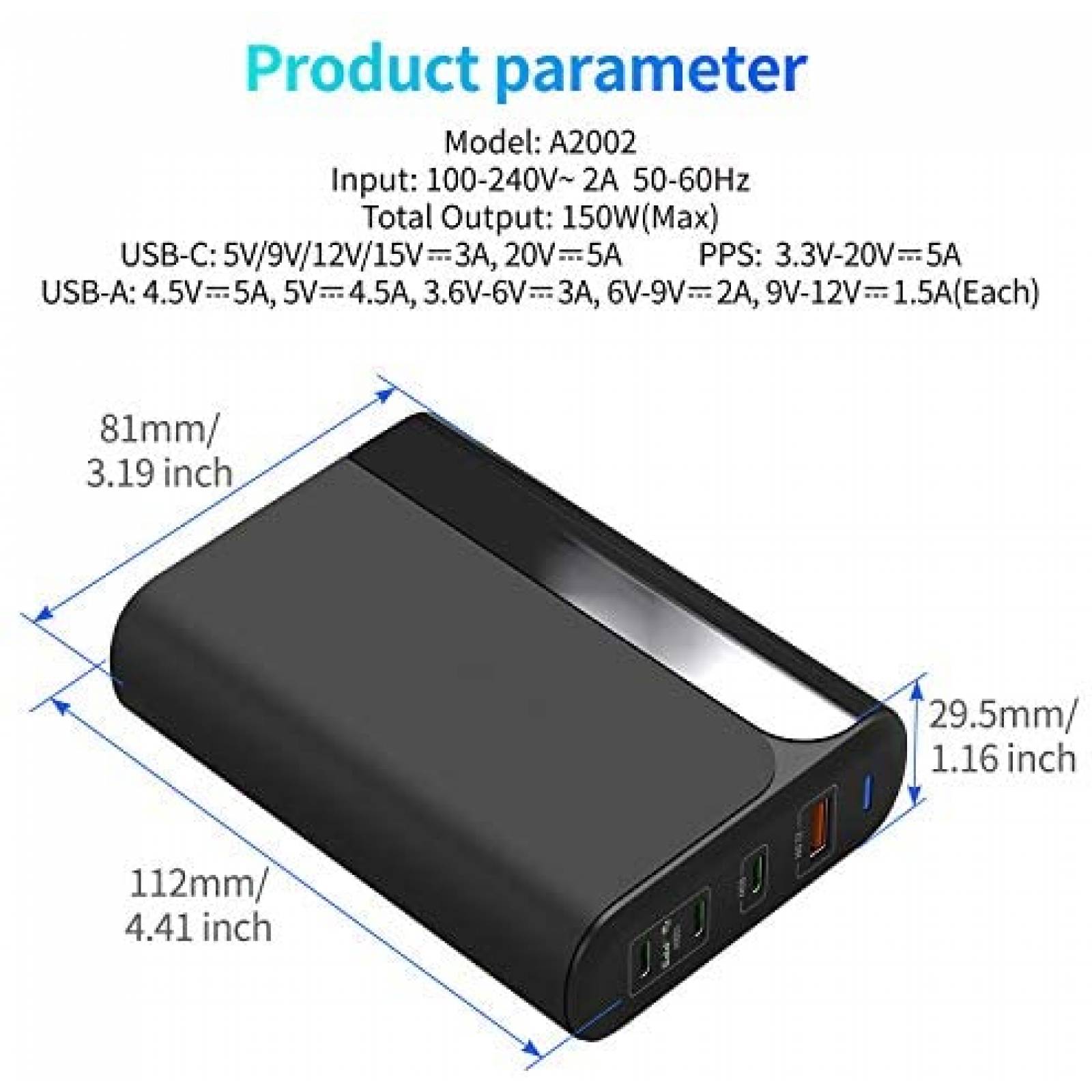 Fuente de poder HUNDA A2002 USB C Carga rapida -Negro