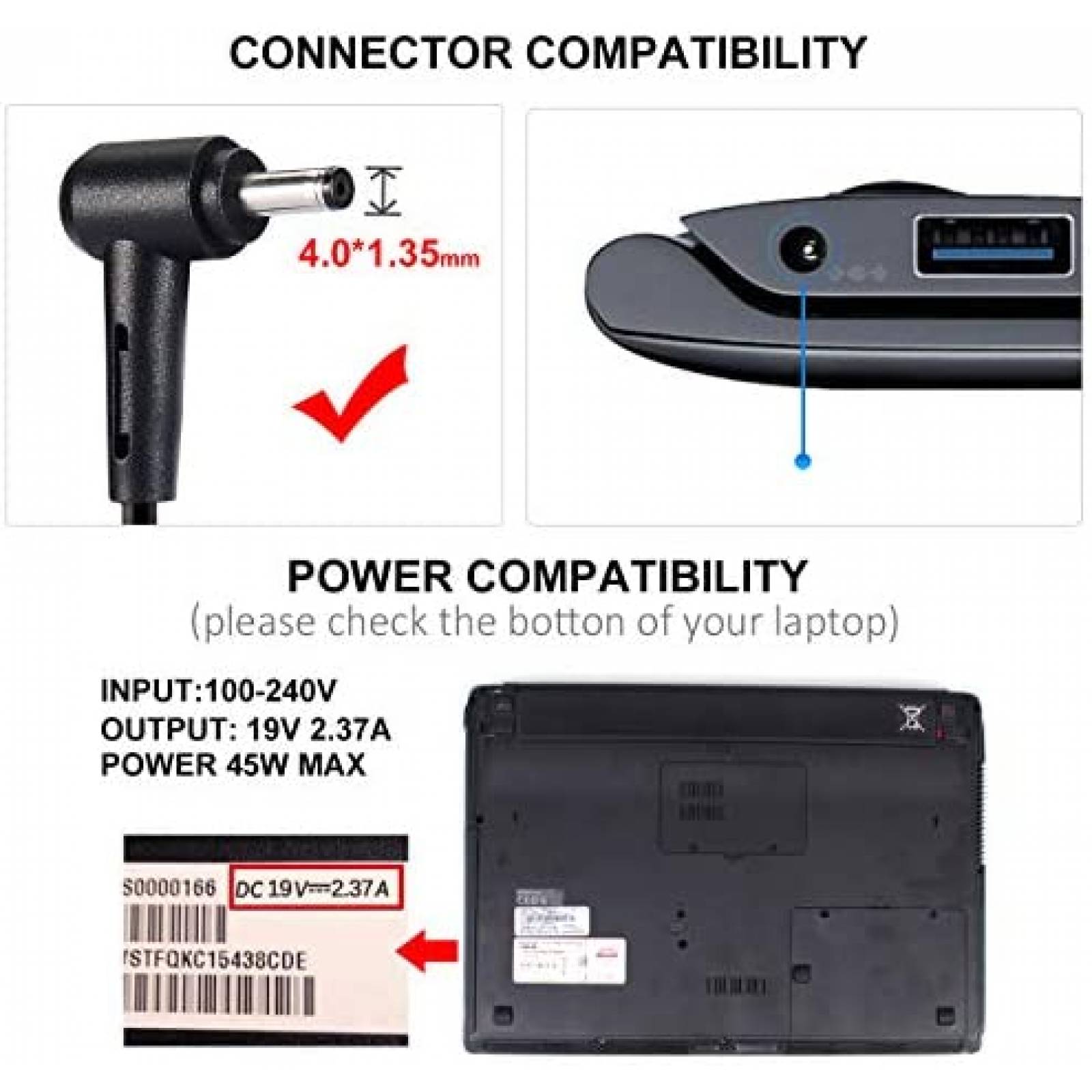 Cargador Generico 100~240V 50~60Hz 19V 2.37A 45W -Negro