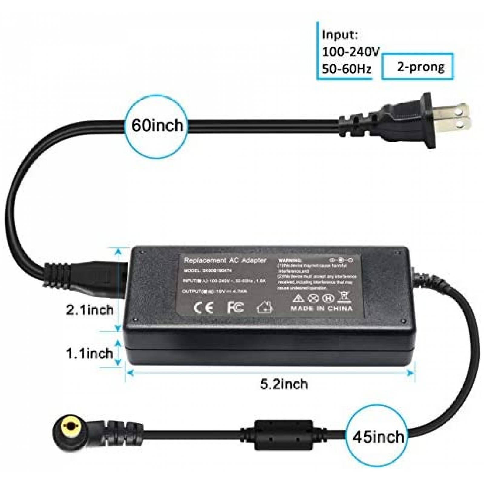 Cargador Generico 19V 4,74 A 90W 100-240V 50/60 Hz -Negro