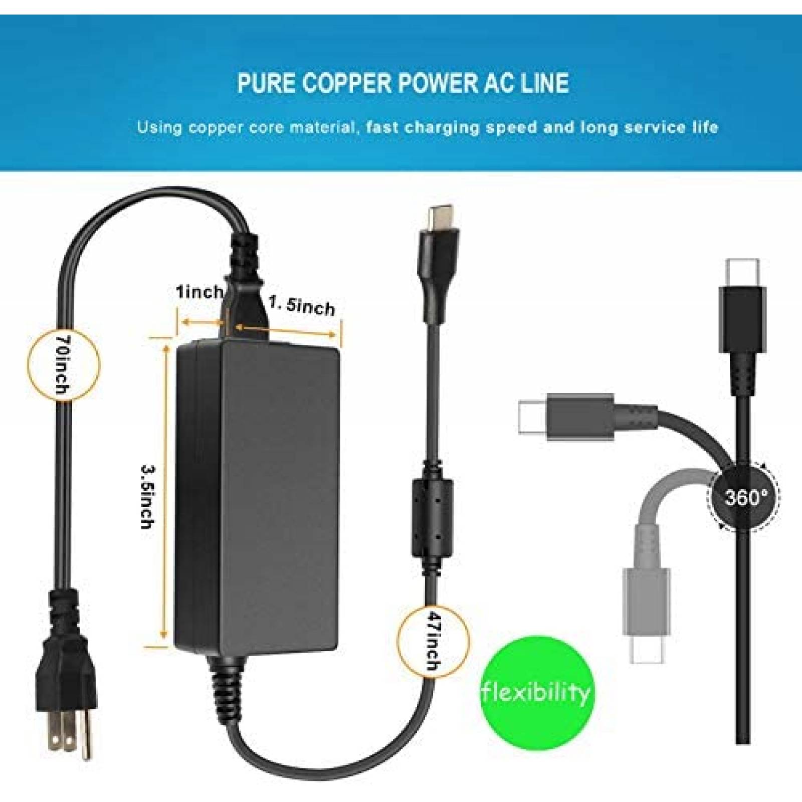 Cargador LNOCCIY Compatible Para Lenovo USB-C CA 65W -Negro