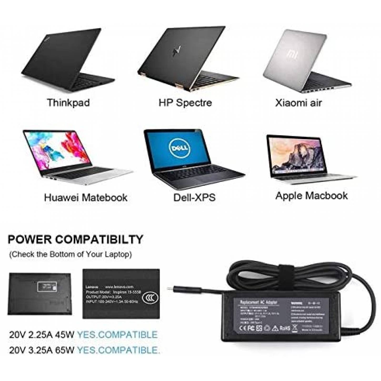 Cargador LNOCCIY Compatible Para Lenovo USB-C CA 65W -Negro