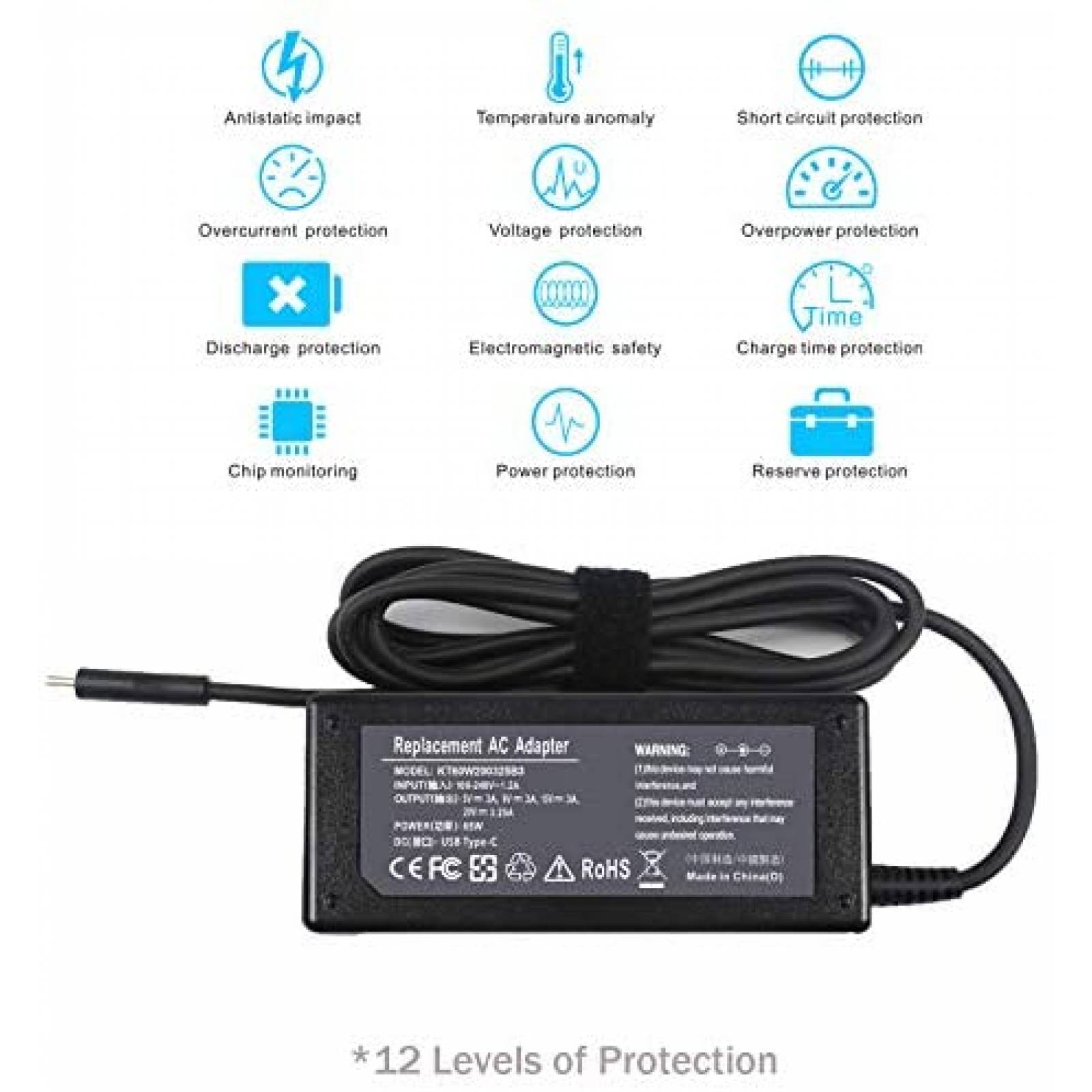 Cargador LNOCCIY Compatible Para Lenovo USB-C CA 65W -Negro