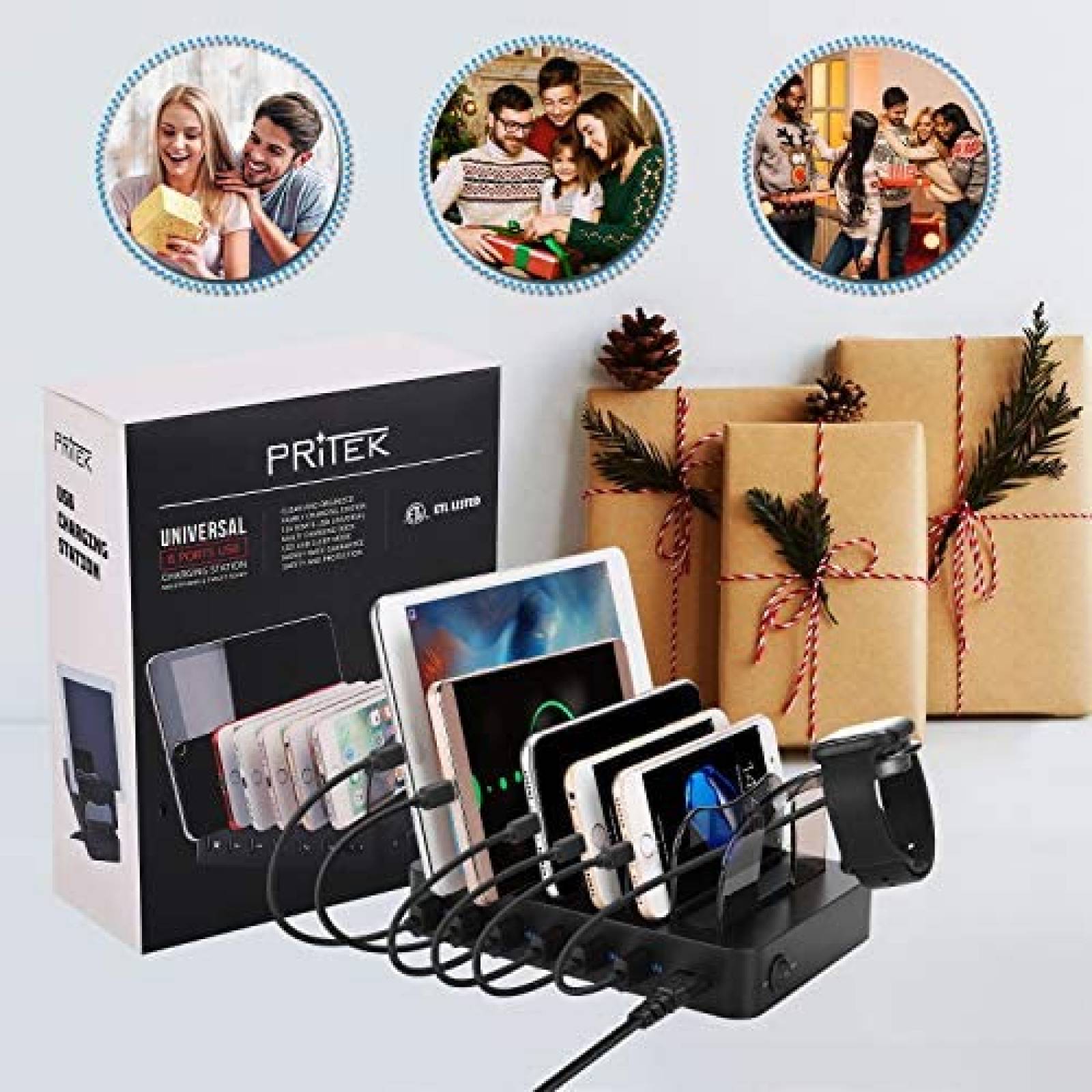 Estacion de Carga PRITEK 6 Puertos USB 5V/3A+5V/2.4A -Negro