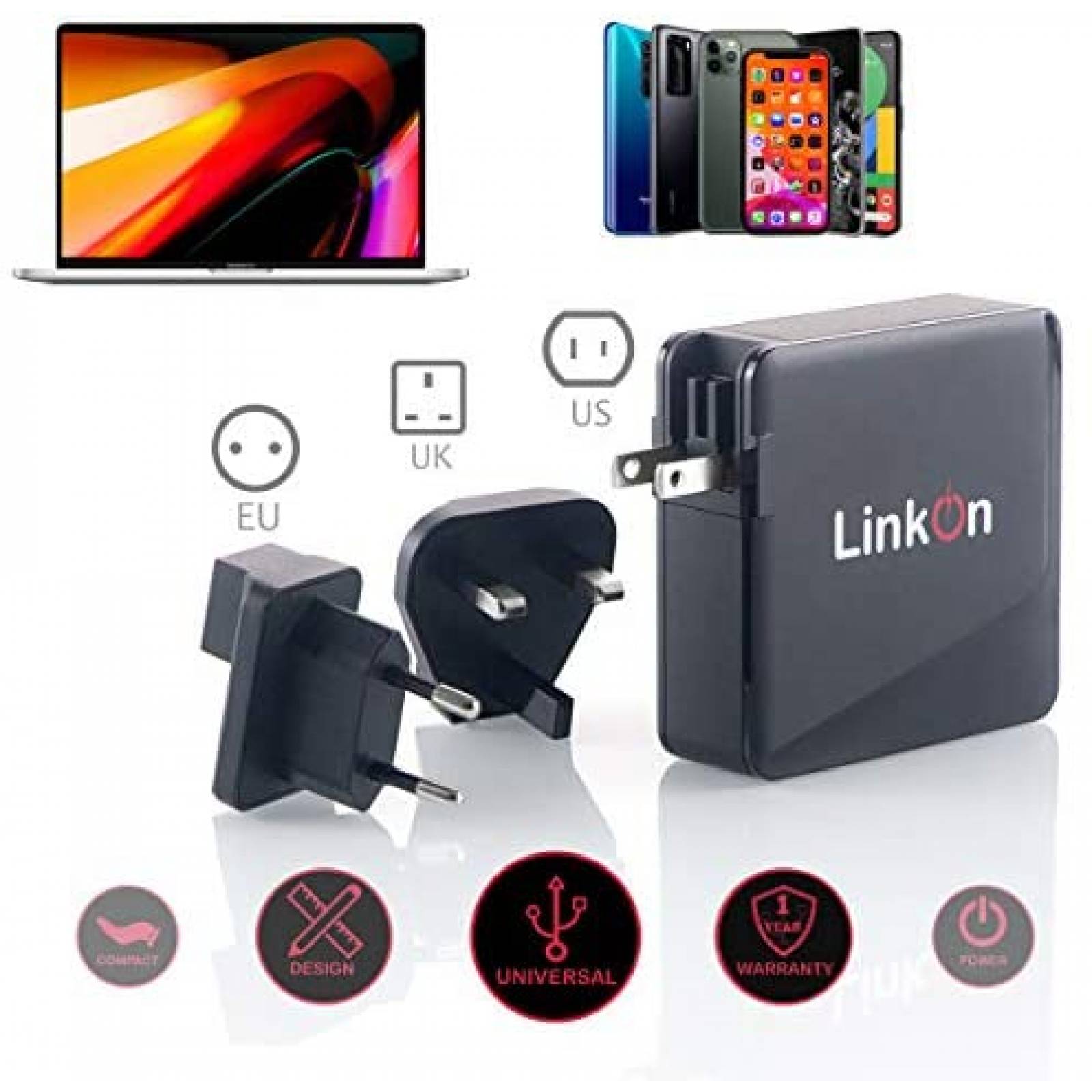 Cargador de Pares LinkOn Ganius 136W USB C 2 Puertos -Negro