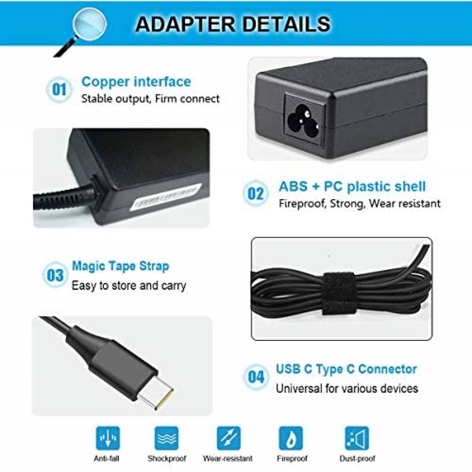 Cargador ECHEER 65W 45W USB-C para HP Chromebook X360 -Negro