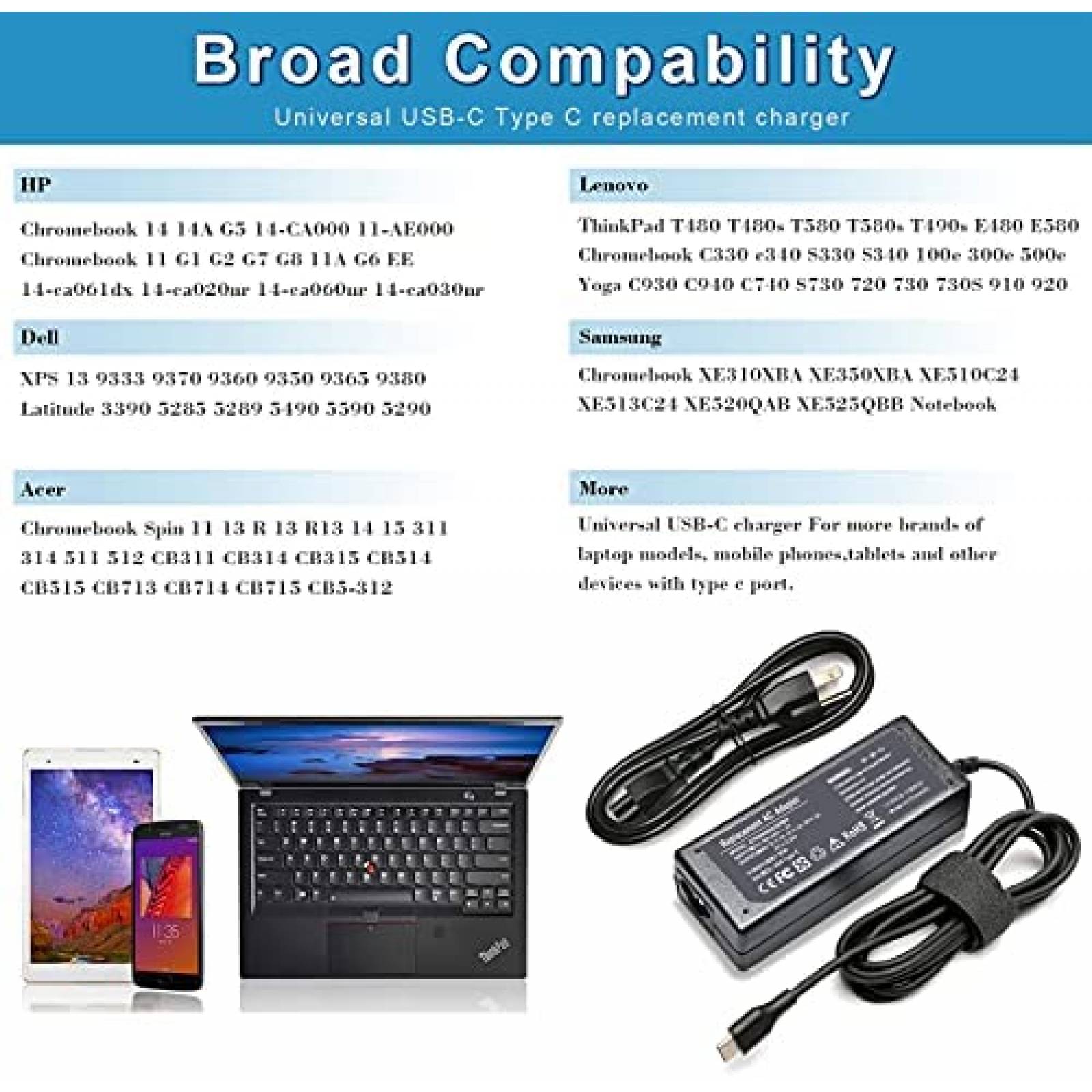 Cargador ECHEER 65W 45W USB-C para HP Chromebook X360 -Negro