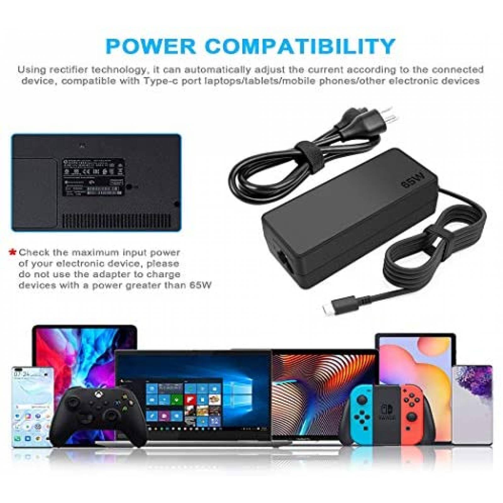 Cargador Laptop ZENGE AD200325 65W USB C Compatible -NEgro