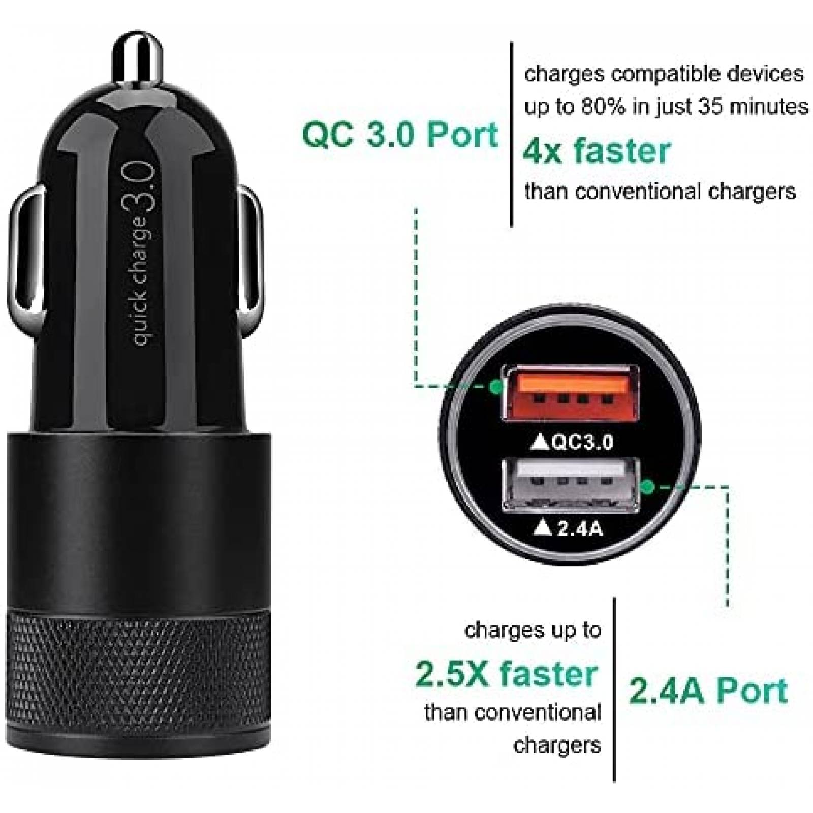 Cargador de Auto para Celular FiveBox QC 3.0 2pzas -Negro