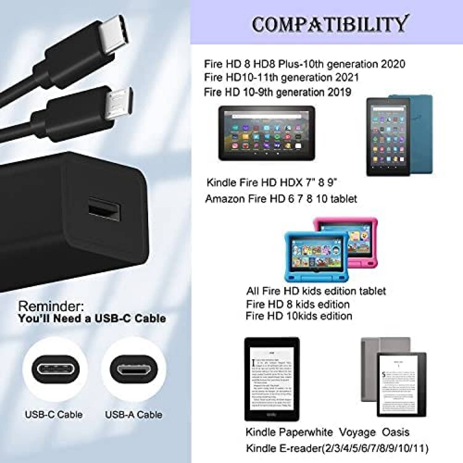 Cargador para tablet Kindle Paperwhite, adaptador de corriente de 9 W con  USB-C, cable micro USB