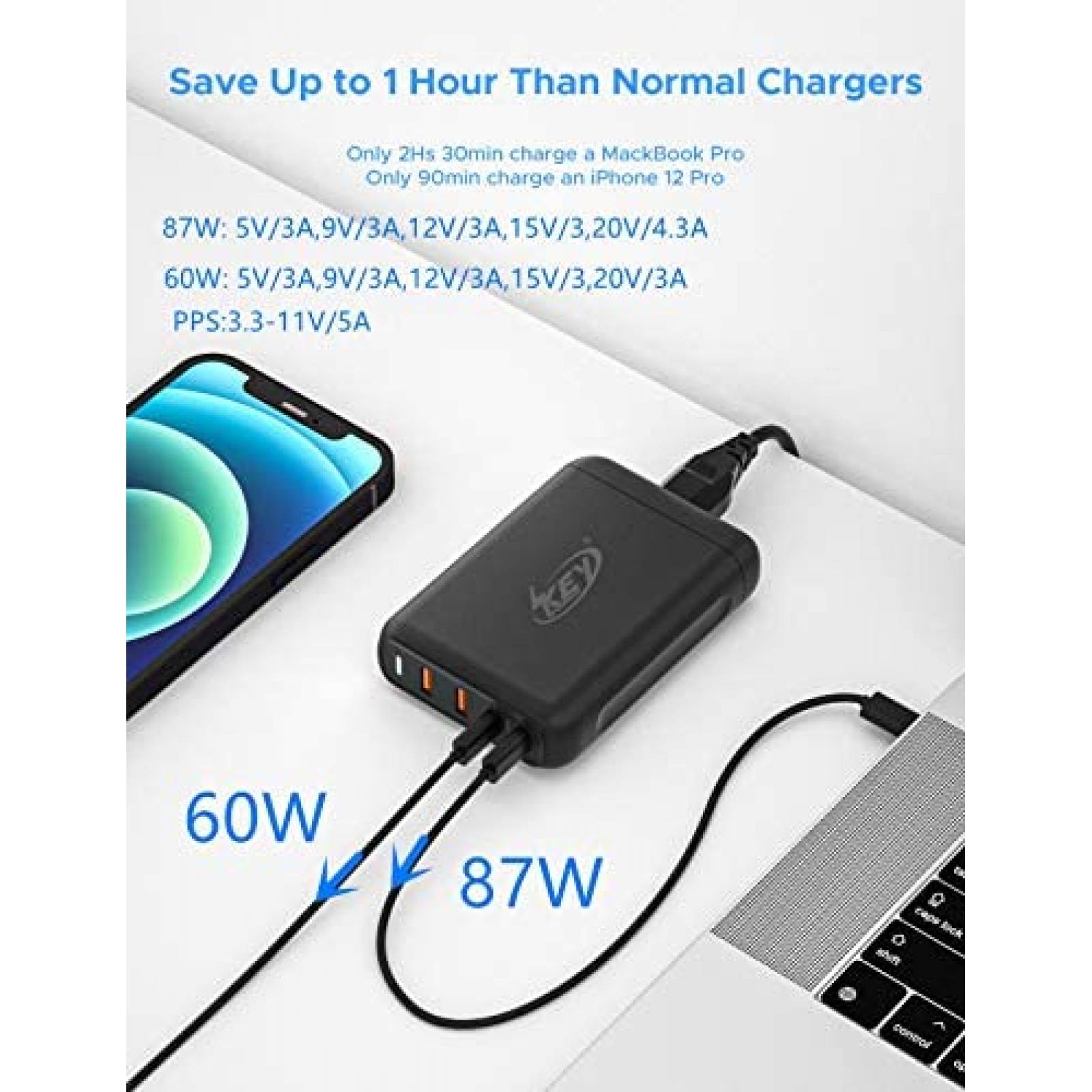 Cargador USB C Key Power de 150 vatios y 4 puertos -Negro