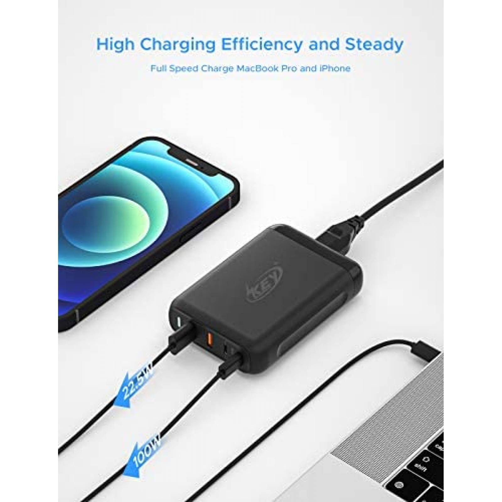 Cargador USB C Key Power de 150 vatios y 4 puertos -Negro