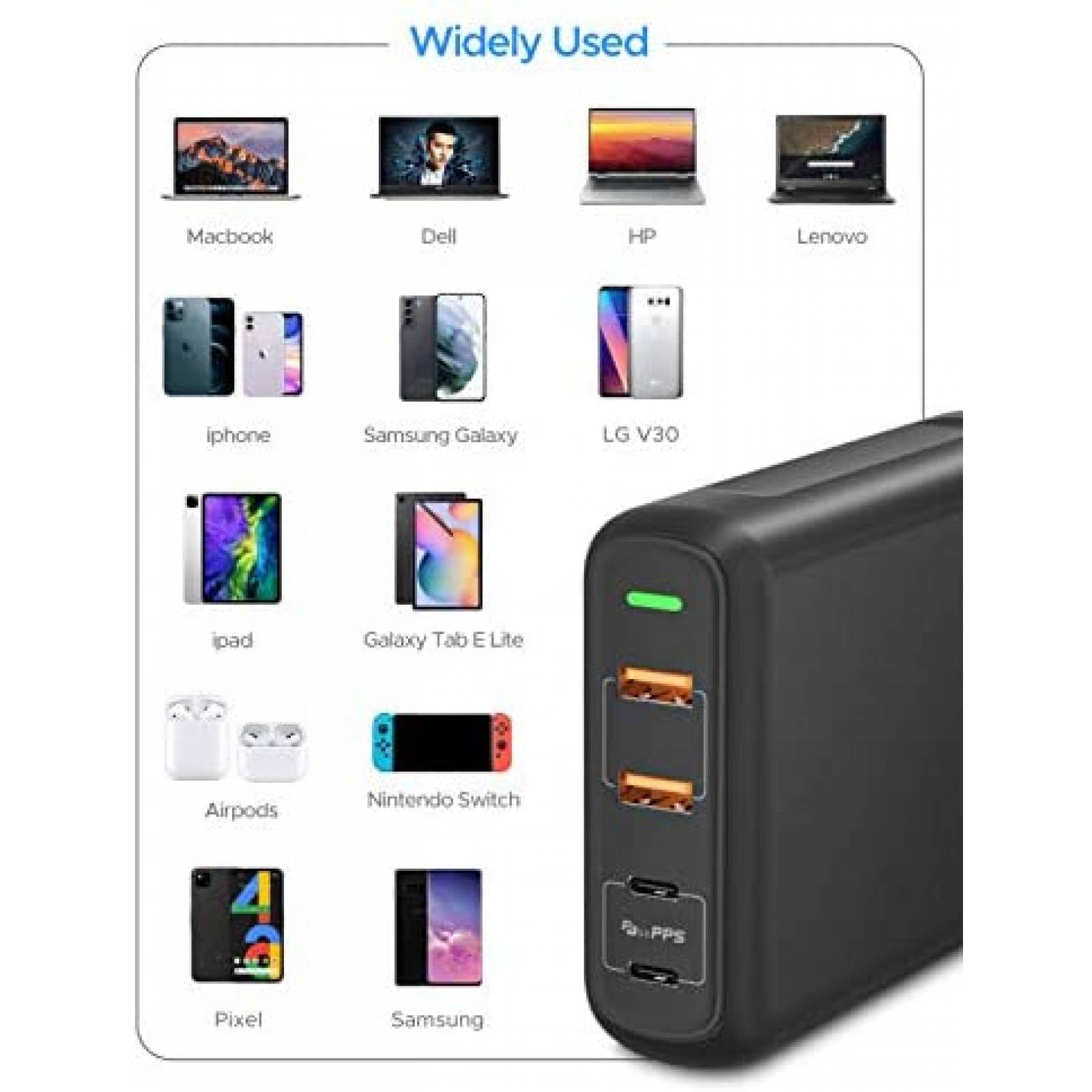 Cargador USB C Key Power de 150 vatios y 4 puertos -Negro