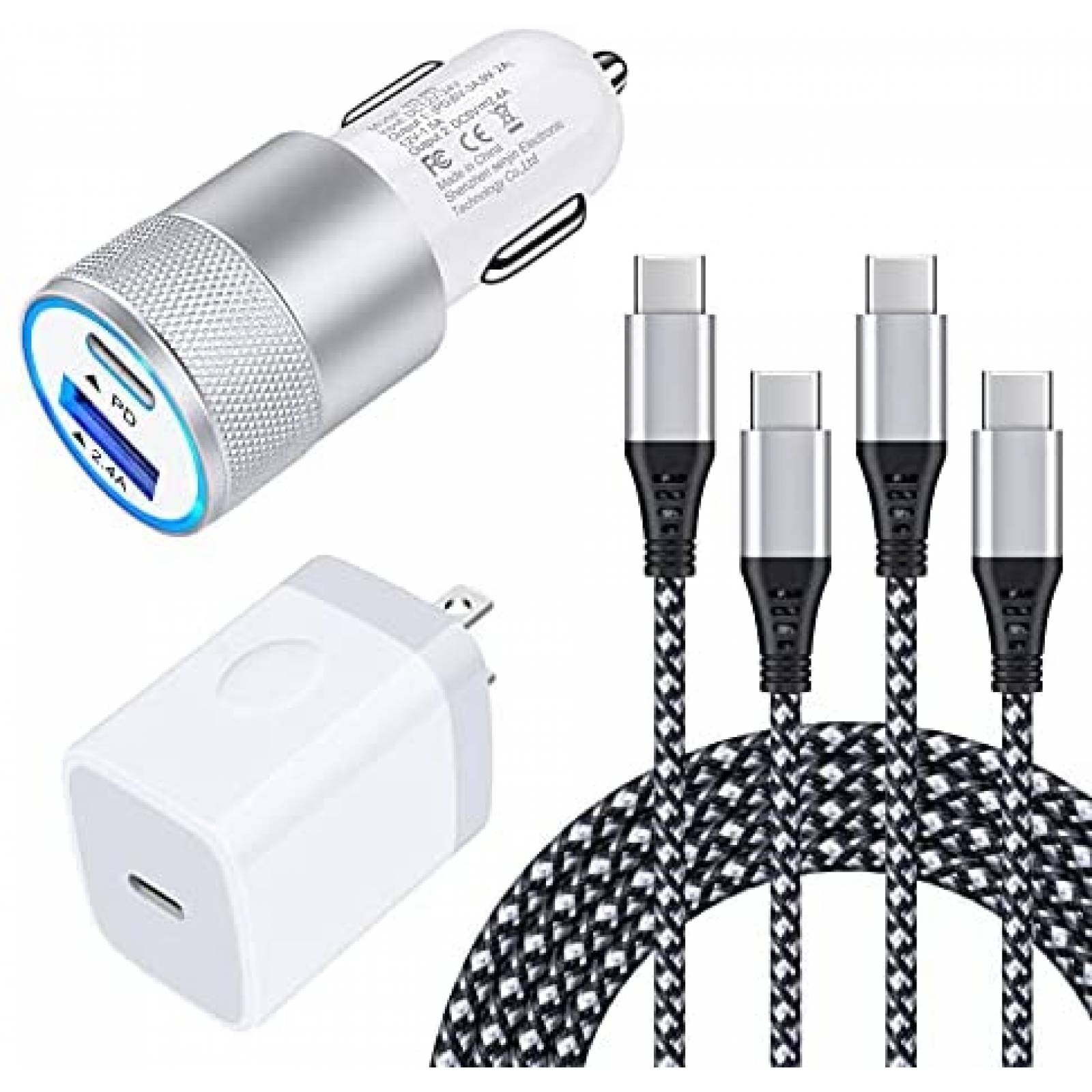 Set cargador USB-C FiveBox x4 enchufe auto/pared -Blanco