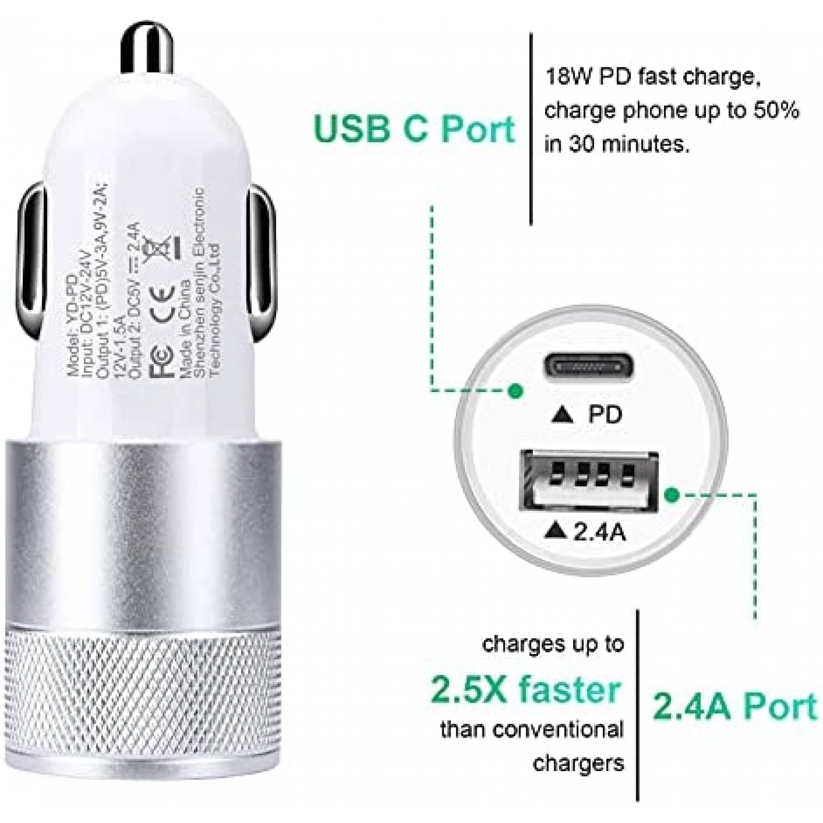 Set cargador USB-C FiveBox x4 enchufe auto/pared -Blanco
