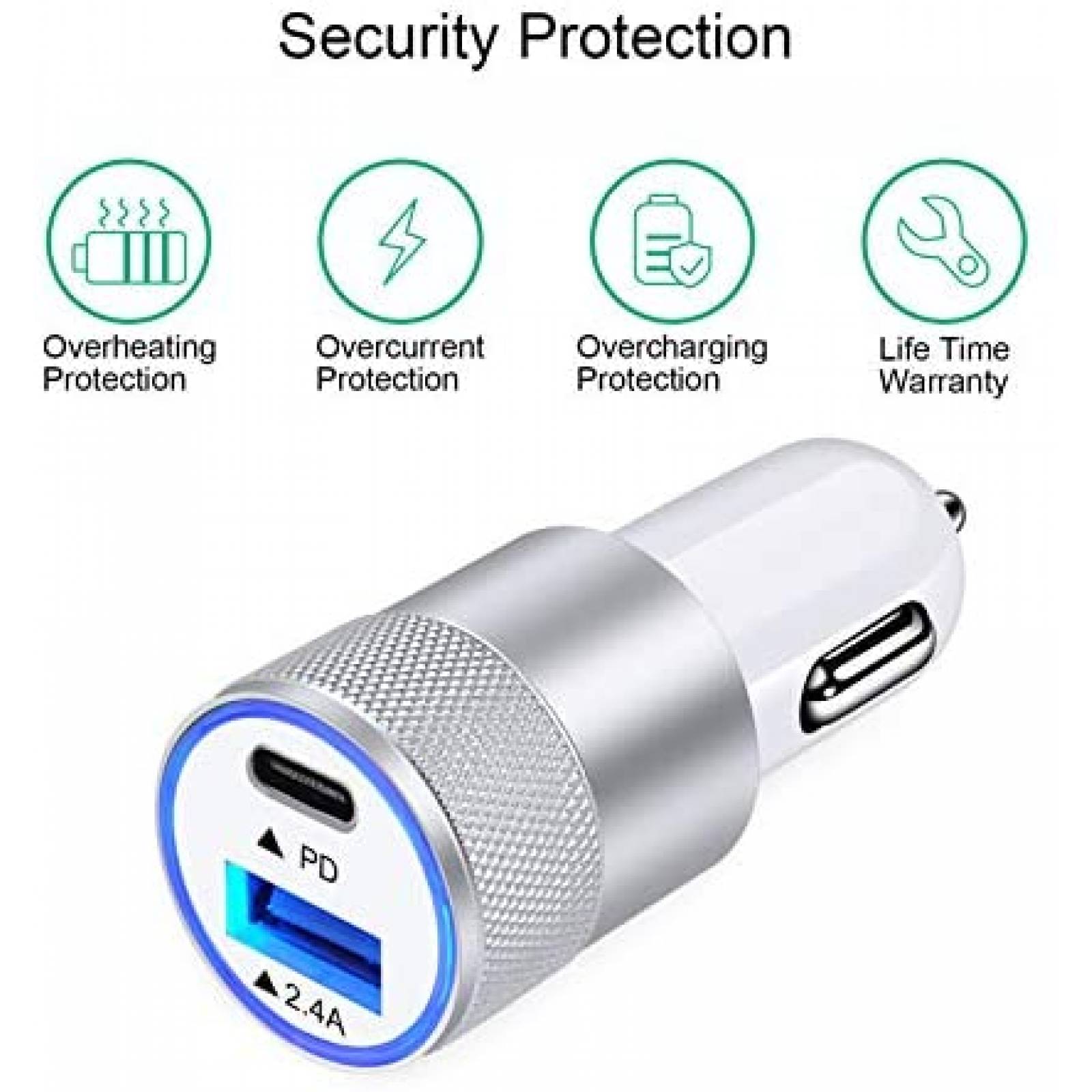 Set cargador USB-C FiveBox x4 enchufe auto/pared -Blanco