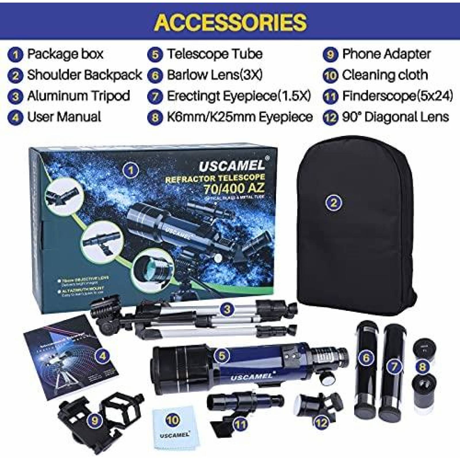 Telescopio USCAMEL 2.756" Apertura 15.748" Telescopio -Azul