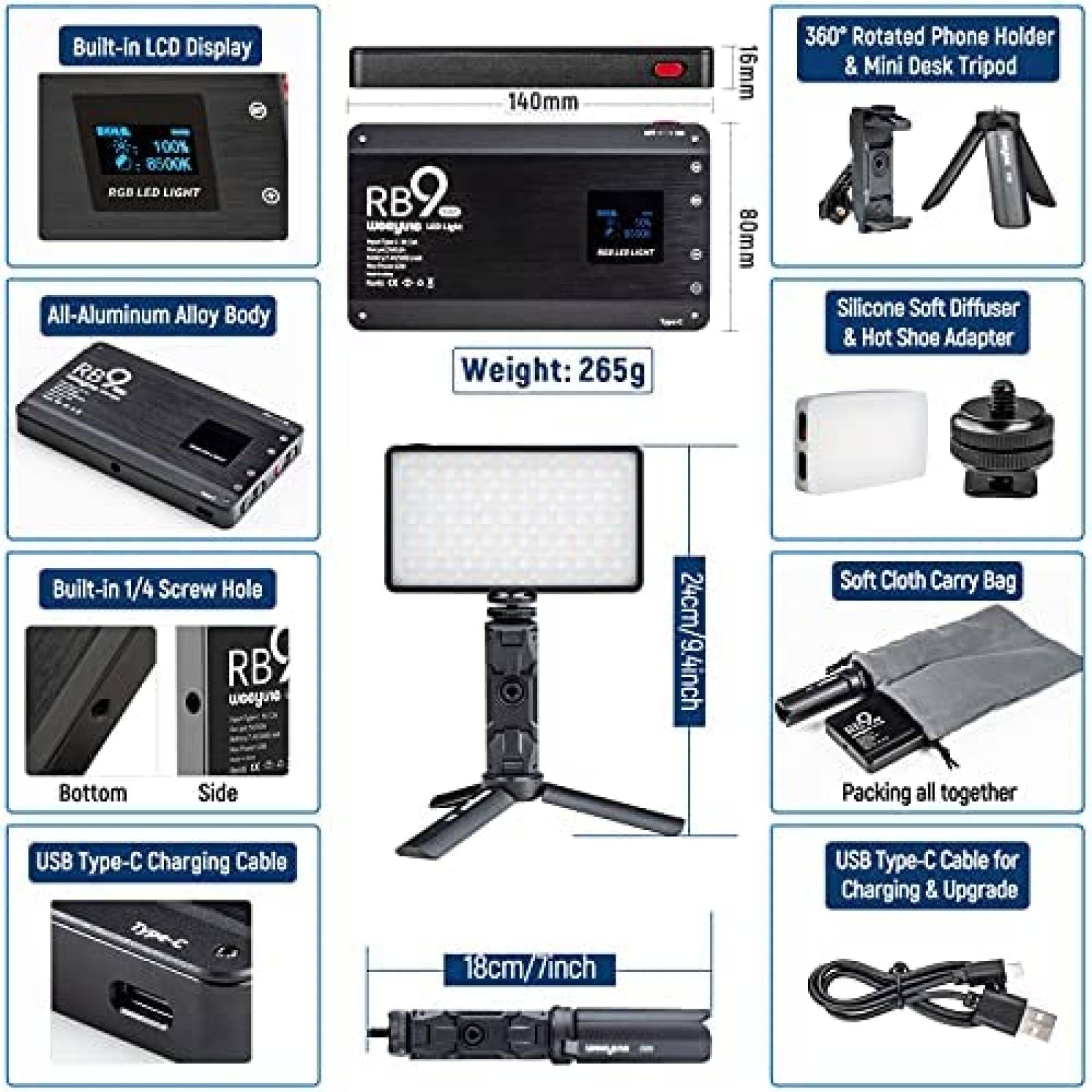 Luz fotografica weeylite RGB 12W LED Full Color -Negro