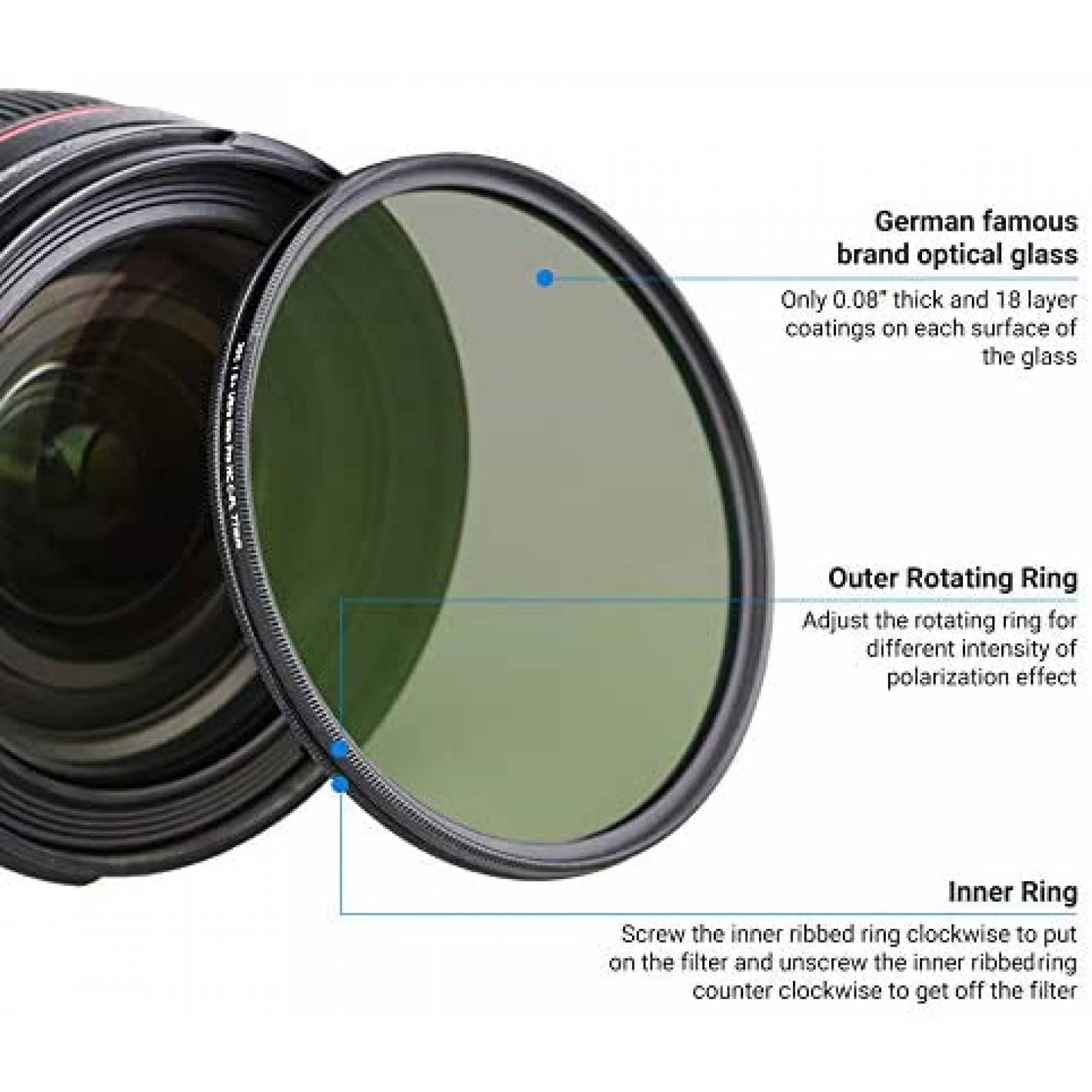 Filtro polarizador JJC 77mm HD para Canon circular -Negro