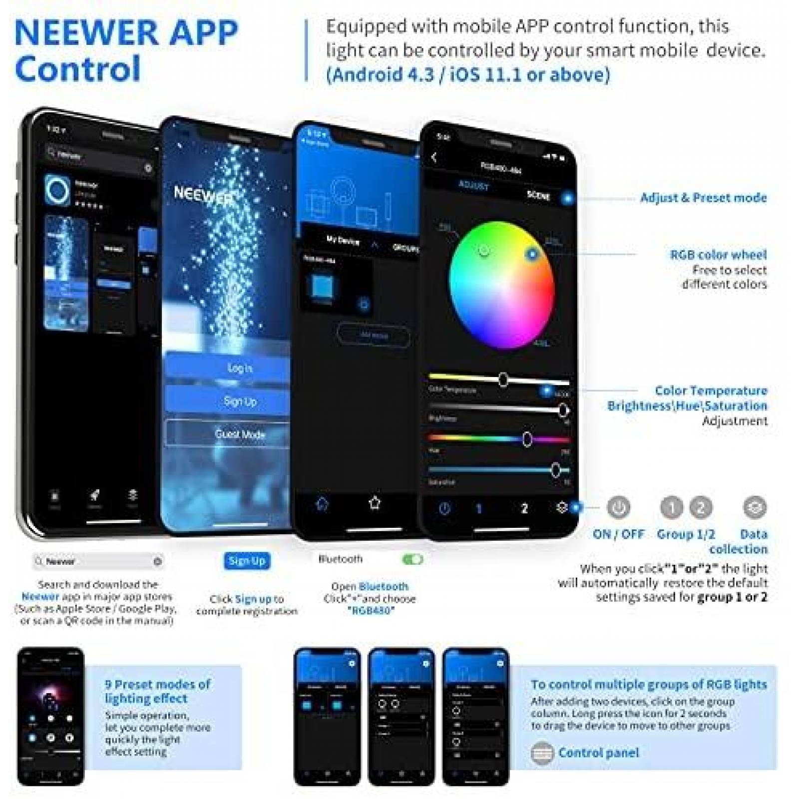 Lampara Neewer Ajustable LED 3200K-5600K 480 RGB -Negro