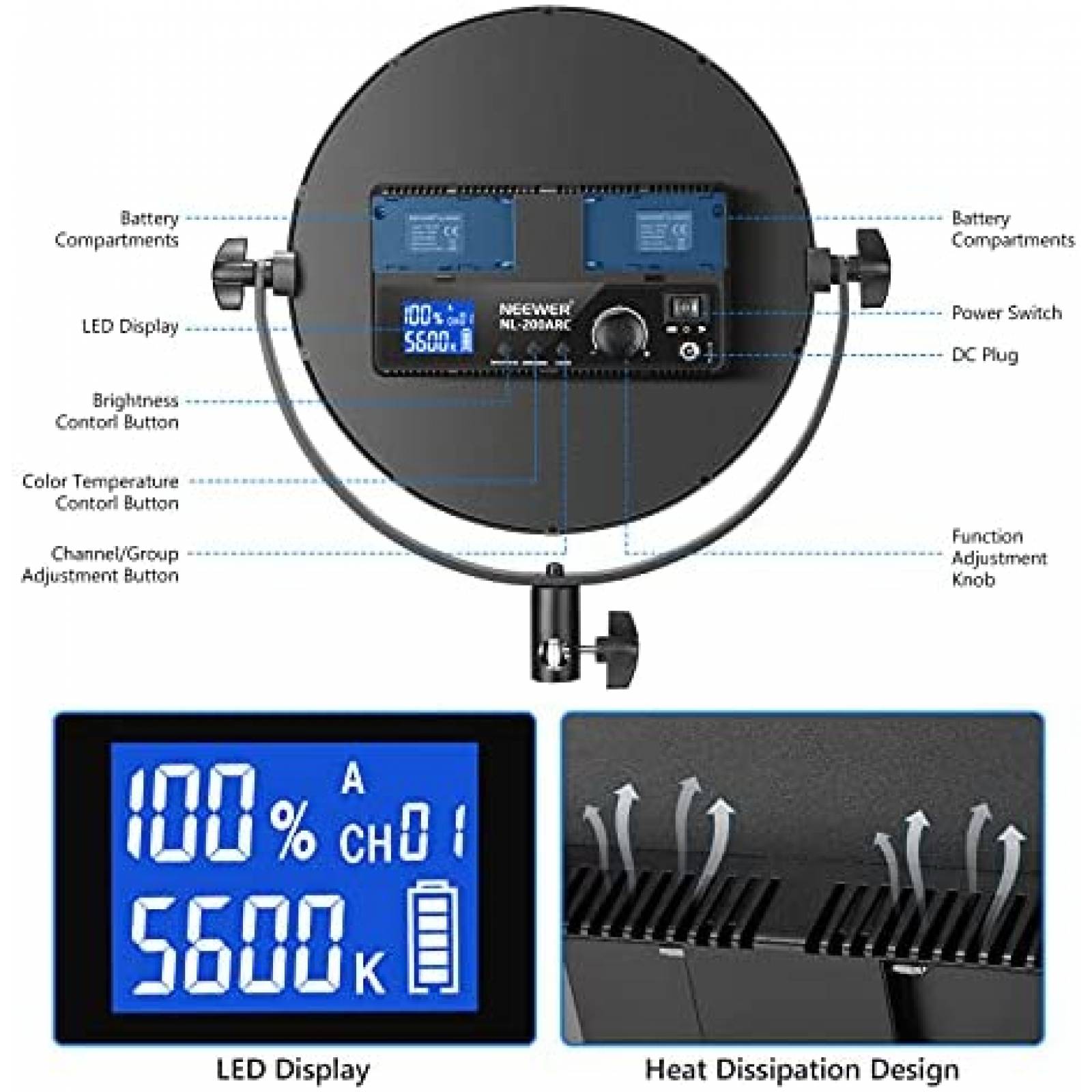 Lampara de video Neewer LED redonda con abrazadera -Negro