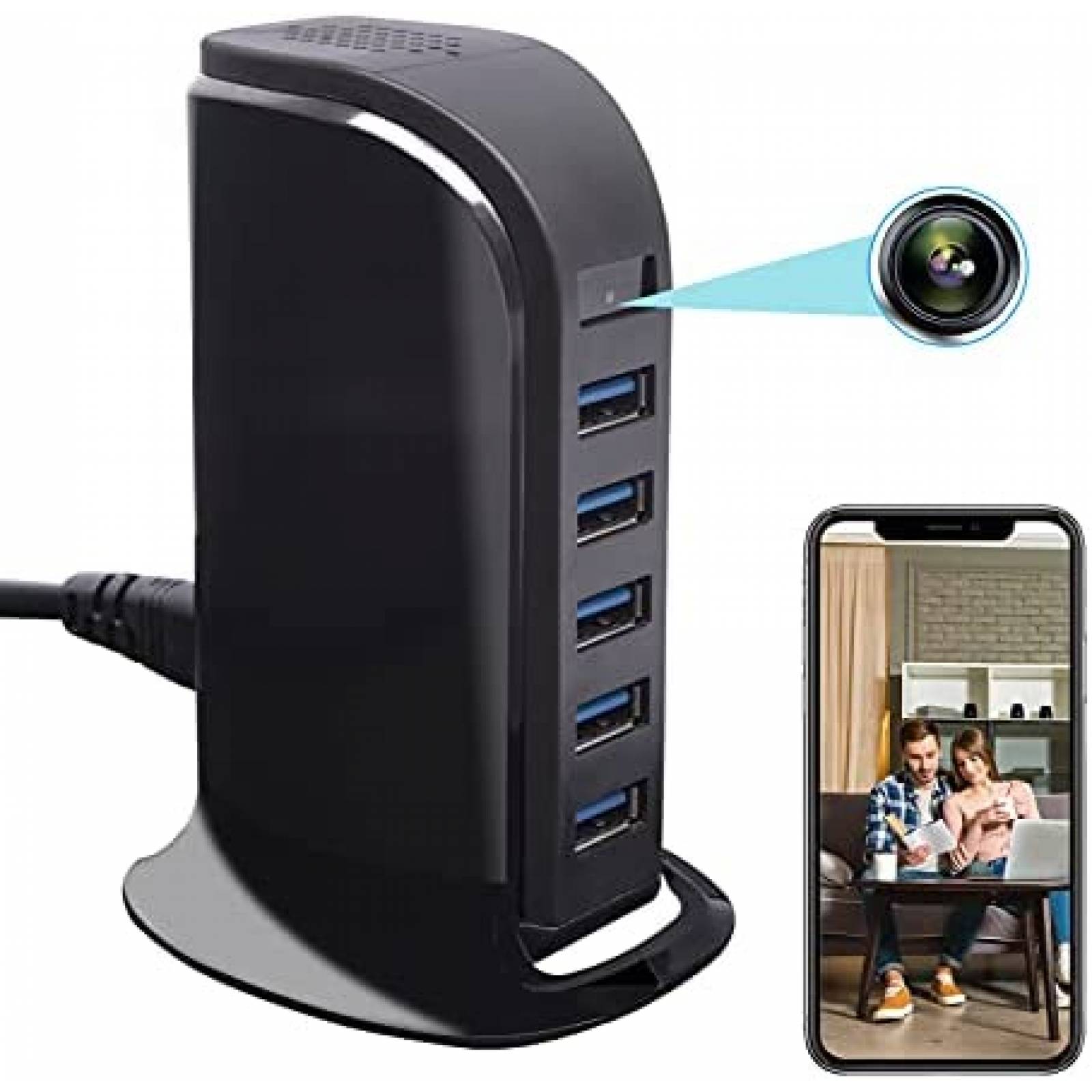Camara Escondida FYZSJWL en Cargador de 5 Puertos USB -Negro