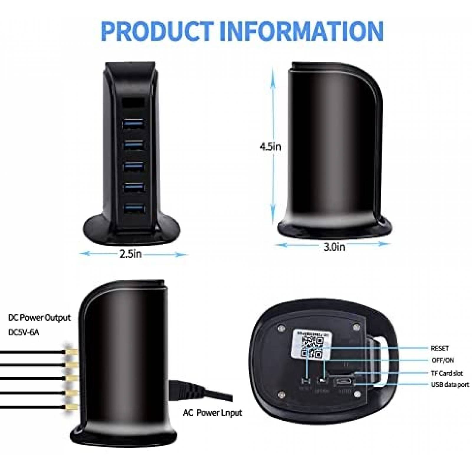 Camara Escondida FYZSJWL en Cargador de 5 Puertos USB -Negro