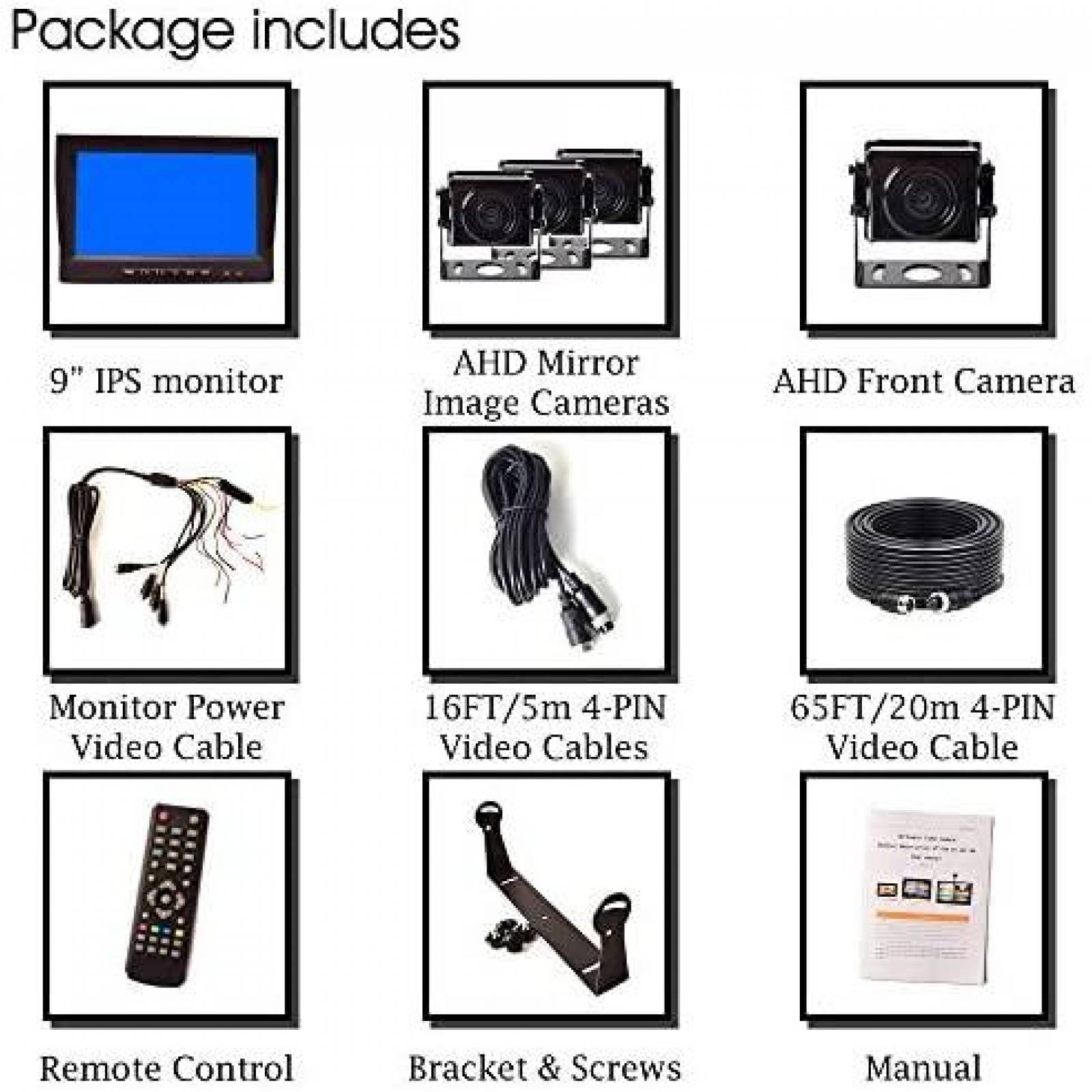 Camara de Reversa E-KYLIN 9" AHD 720p 4-CH 4-PIN -Negro