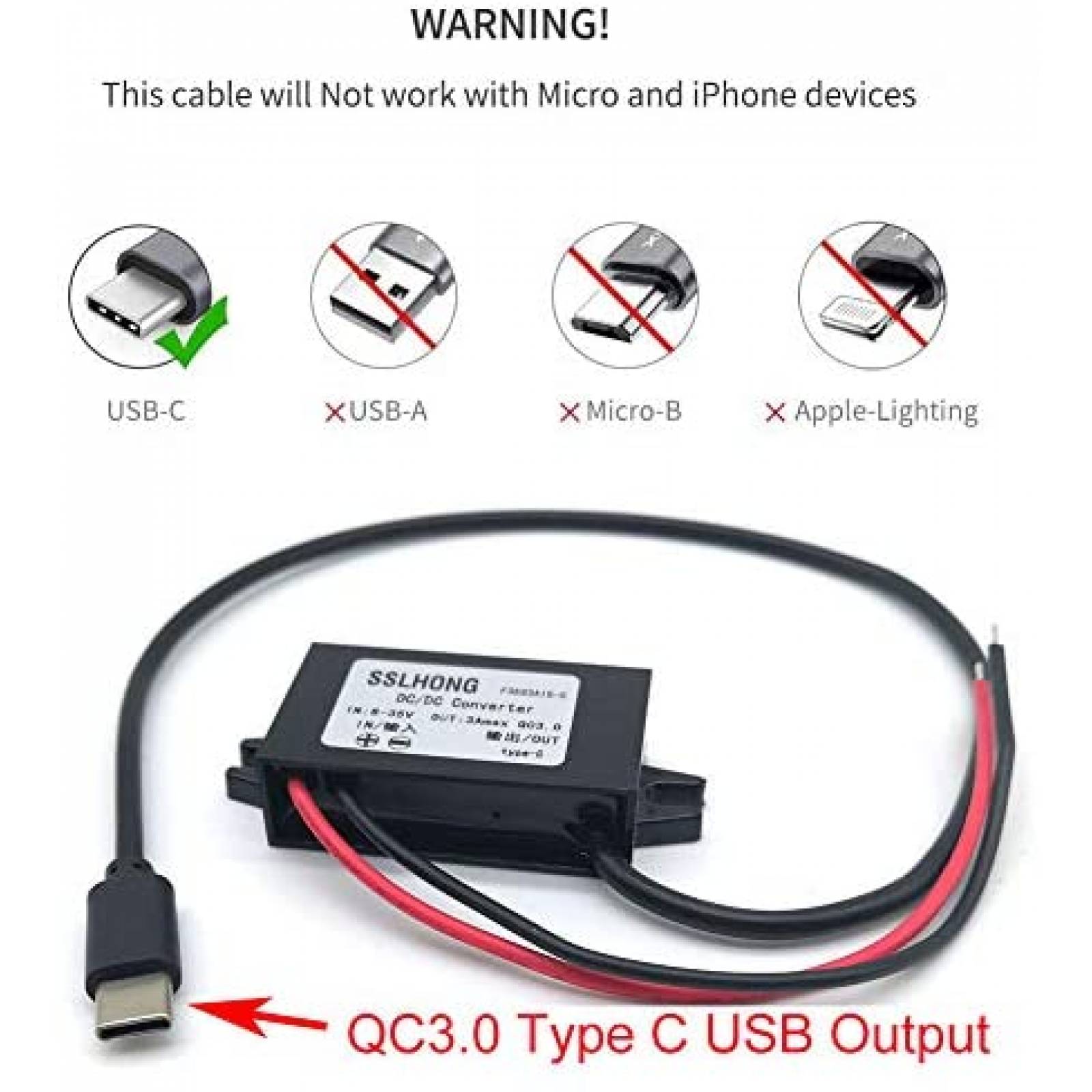 Regulador Voltaje SSLHONG QC3.0 USB C DC 5V 3A 9V -Negro
