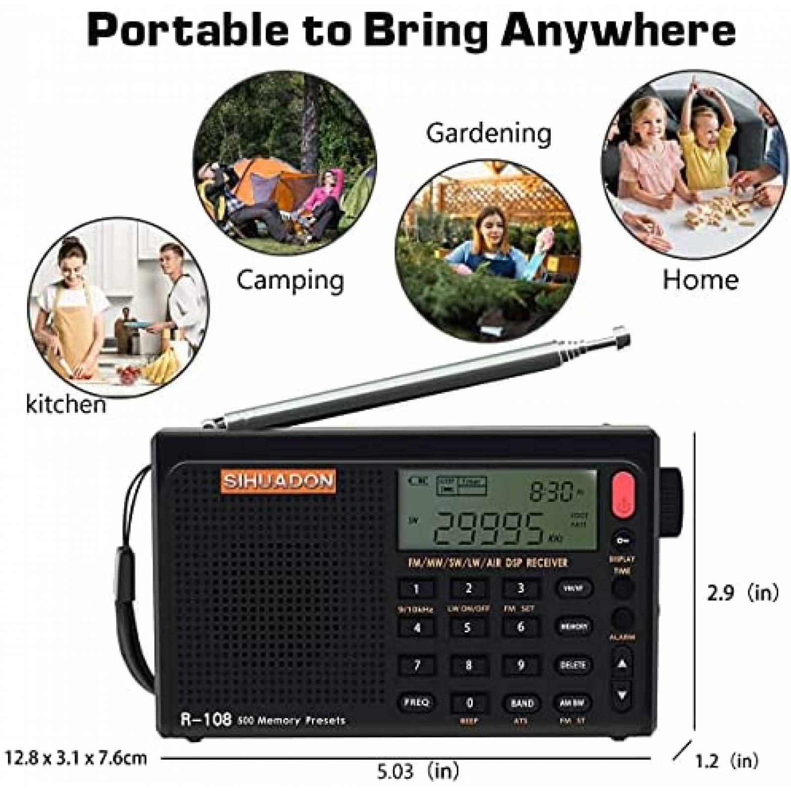 Radio Portatil SIHUADON R108 AM FM SW LW 108 MHz -Negro