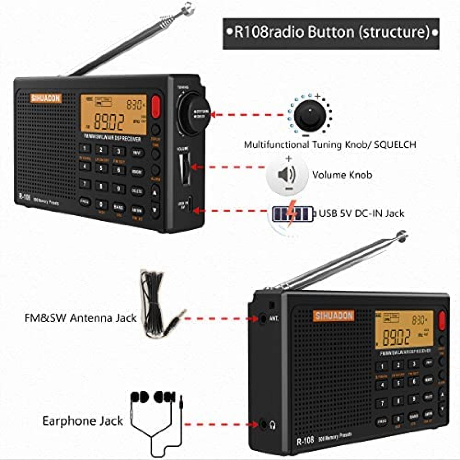Radio Portatil SIHUADON R108 AM FM SW LW 108 MHz -Negro