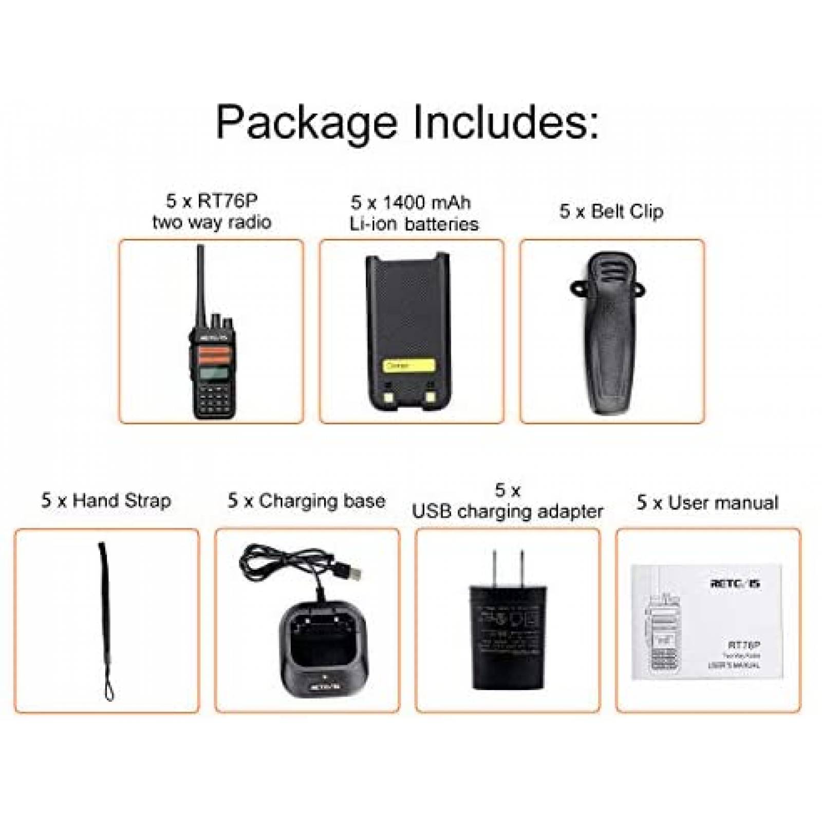 Radios Retevis RT76P 5pzs 2 Vias 30 Canales Recargables