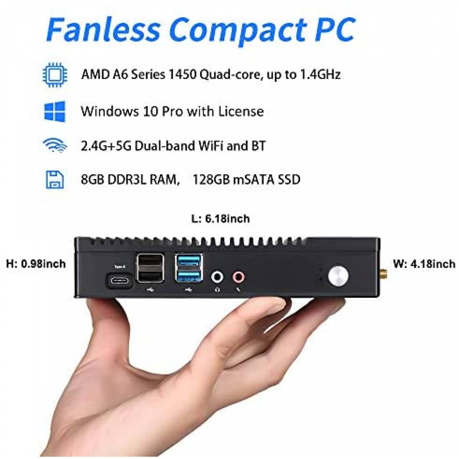 Mini PC VNOPN AMD A6 1450 8GB 128GB Windows 10 -Negro