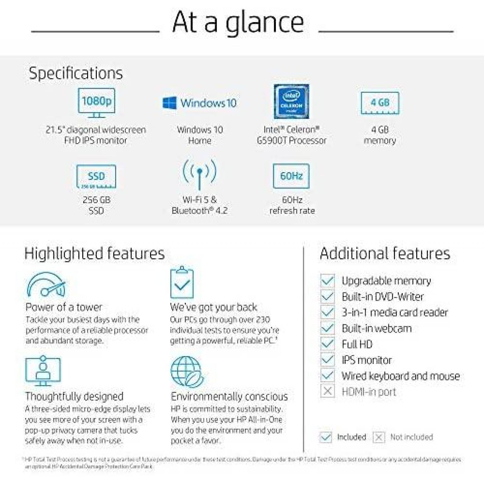 PC All in One HP 22-DF 21.5" 4GB 256GB SSD W10 -Plata