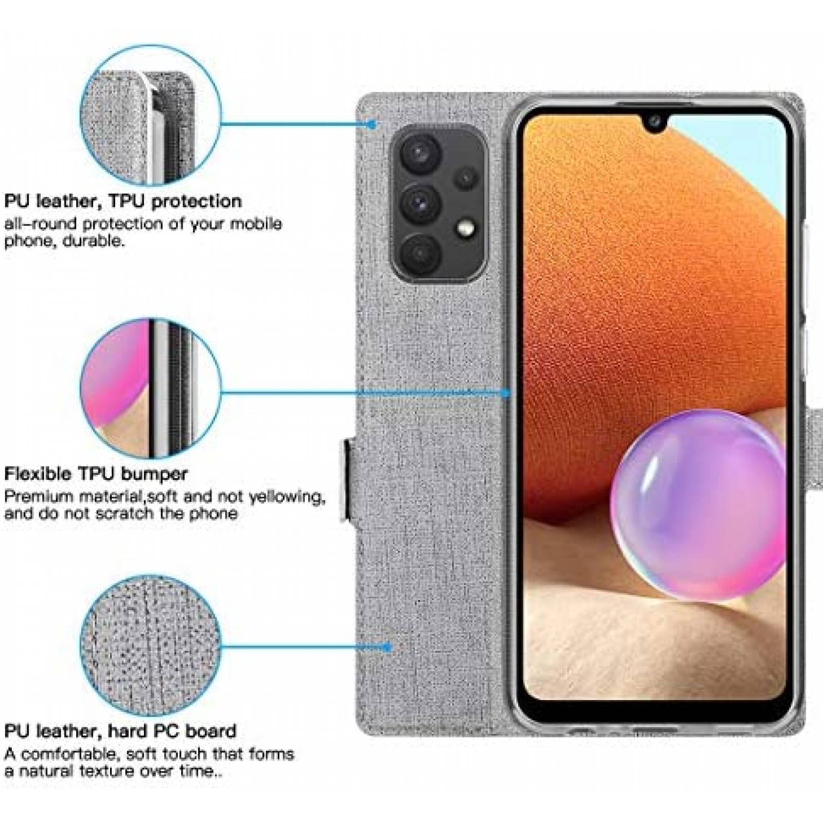 Funda Flip Foluu para Samsung Galaxy A32 5G de Piel -Gris