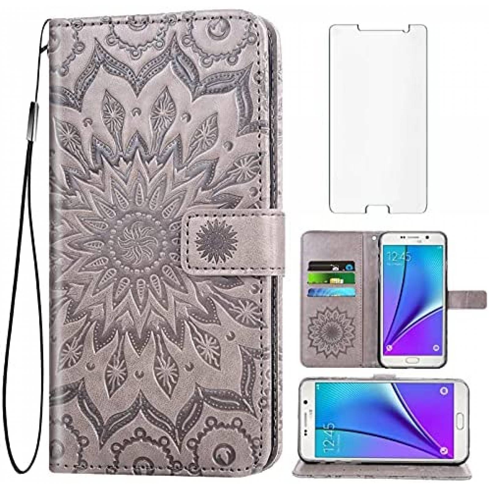 Funda Galaxy Note 5 Asuwish Cartera protector de vidrio-Gris