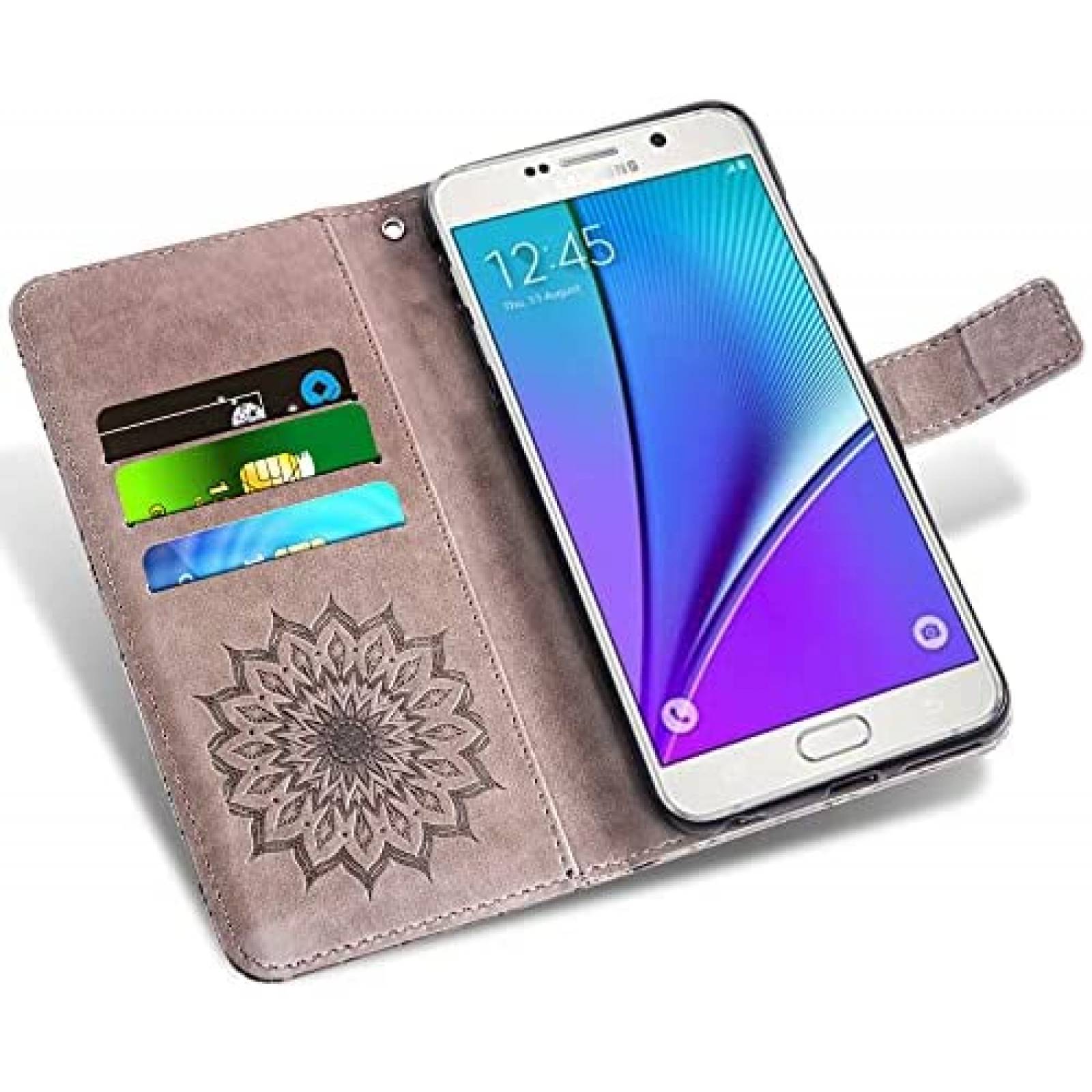 Funda Galaxy Note 5 Asuwish Cartera protector de vidrio-Gris