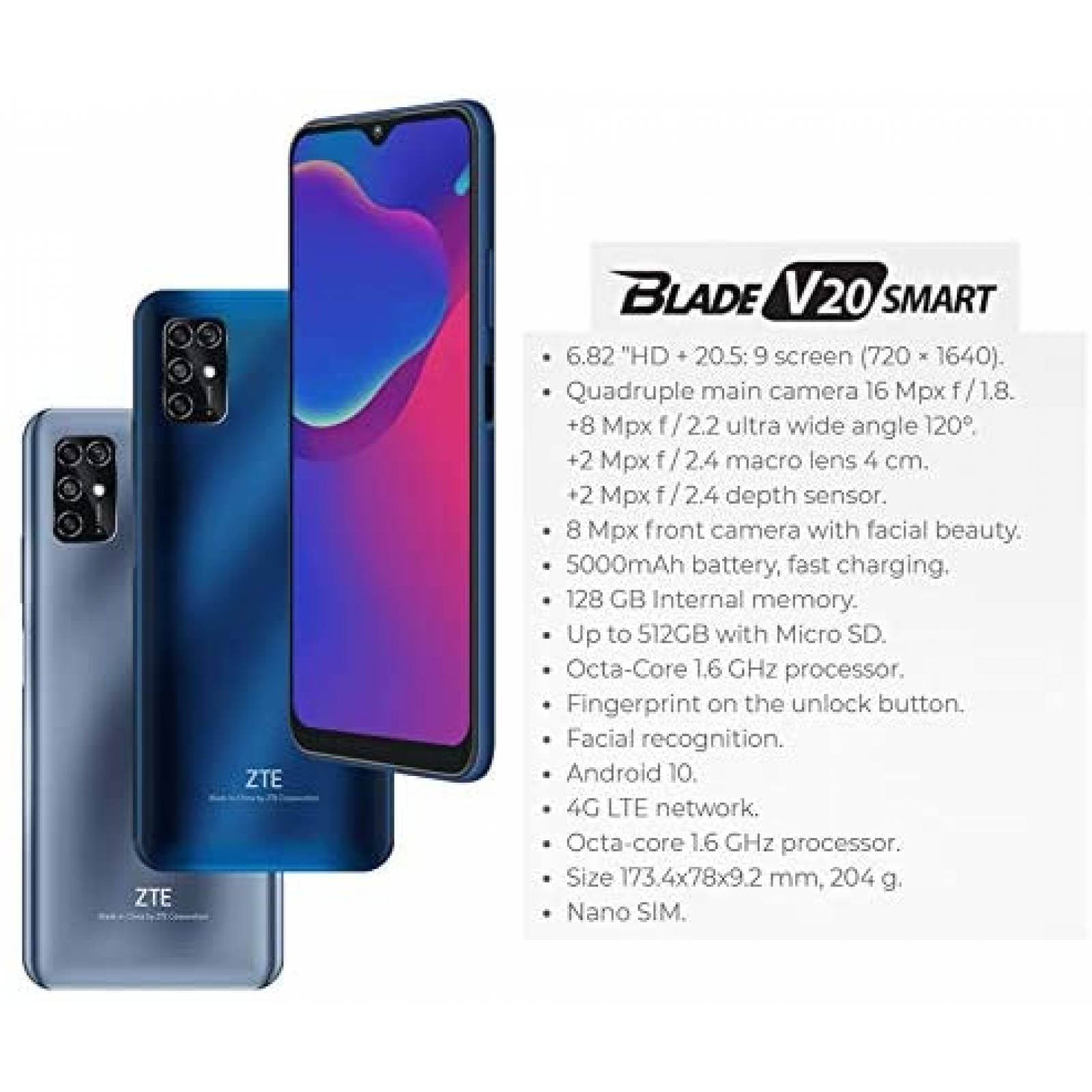 Smartphone ZTE Blade V20 6.82" 4GB 128GB 16mp -Gris