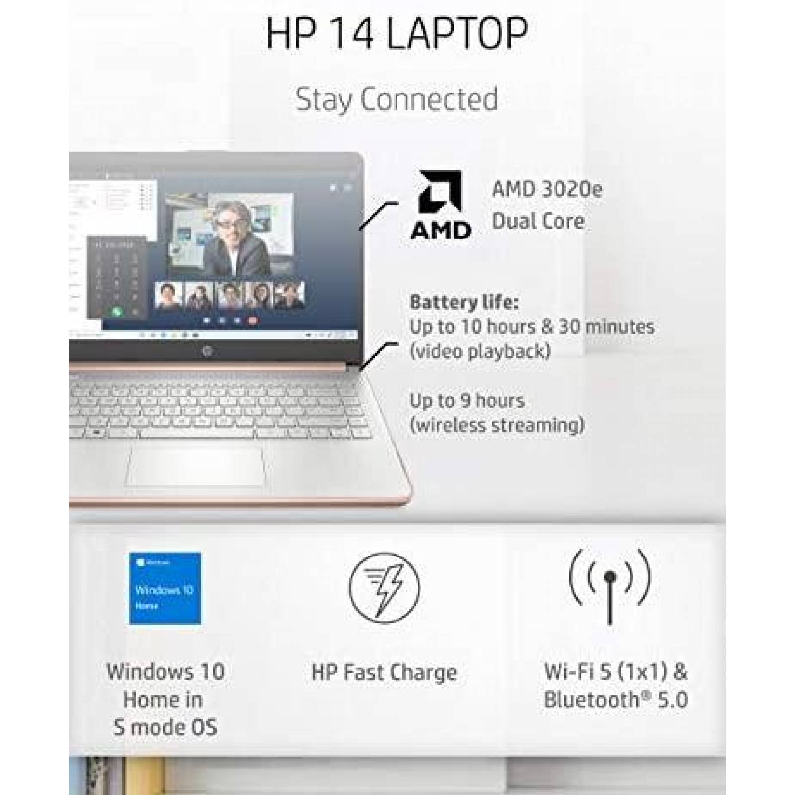 Laptop HP 14-fq0030nr 14'' 4GB AMD 3020e -Rosa Dorado