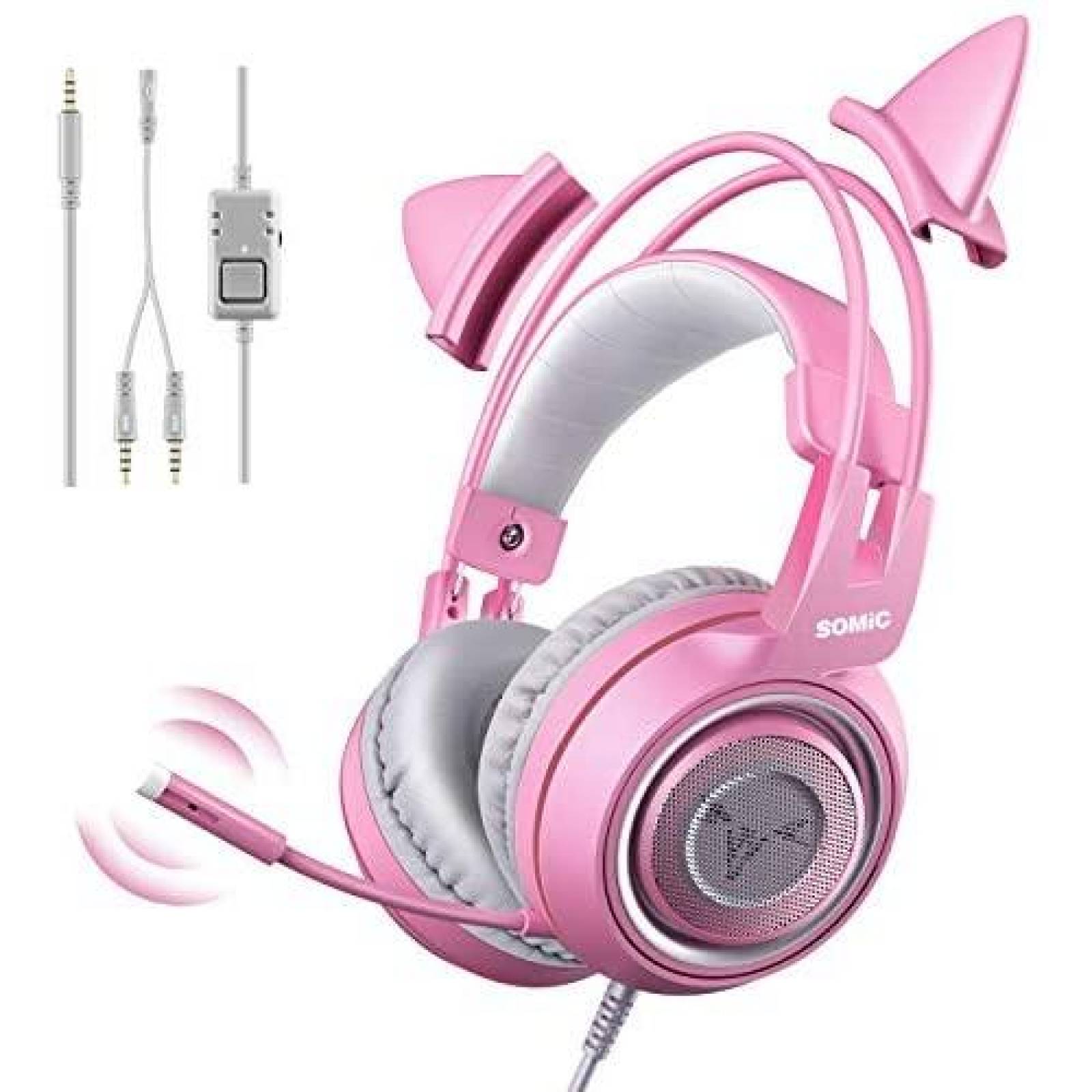 Audifonos Gamer SOMIC Estereo Con Orejas De Gato Rosa