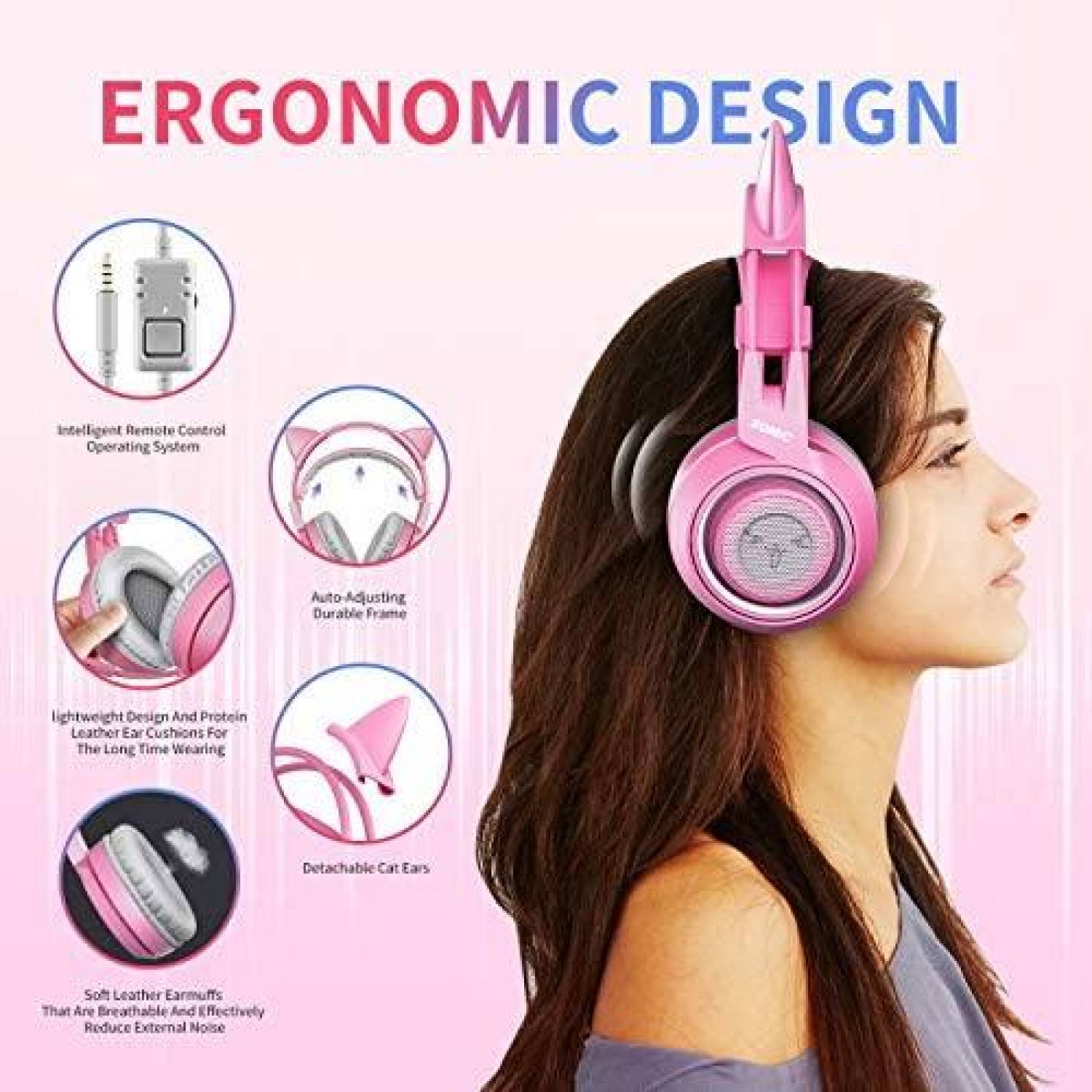Audifonos Gamer SOMIC Estereo Con Orejas De Gato -Rosa
