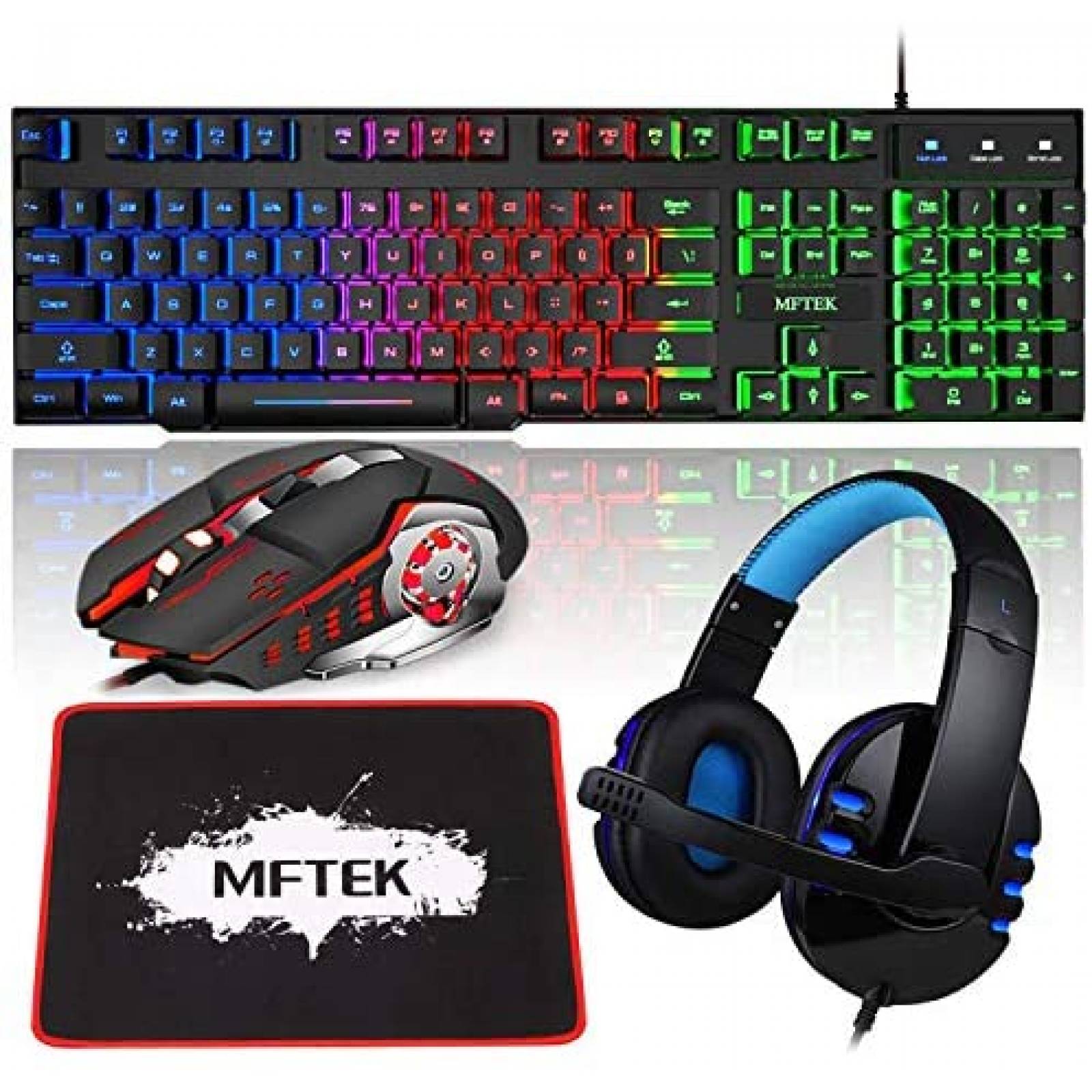 Teclado Gamer MFTEK RGB Rainbow con Mouse y Audifonos -Negro