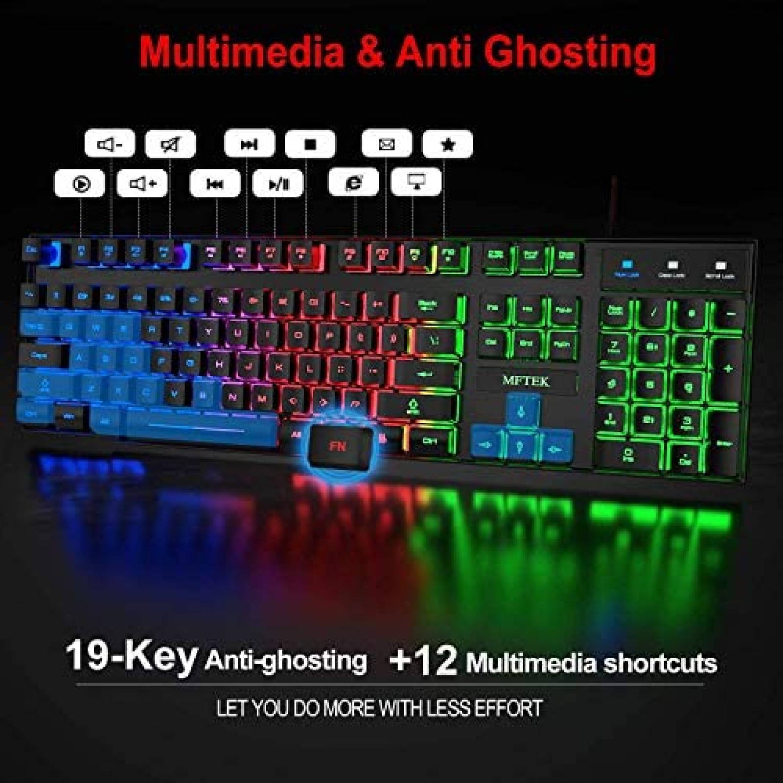 Teclado Gamer MFTEK RGB Rainbow con Mouse y Audifonos -Negro