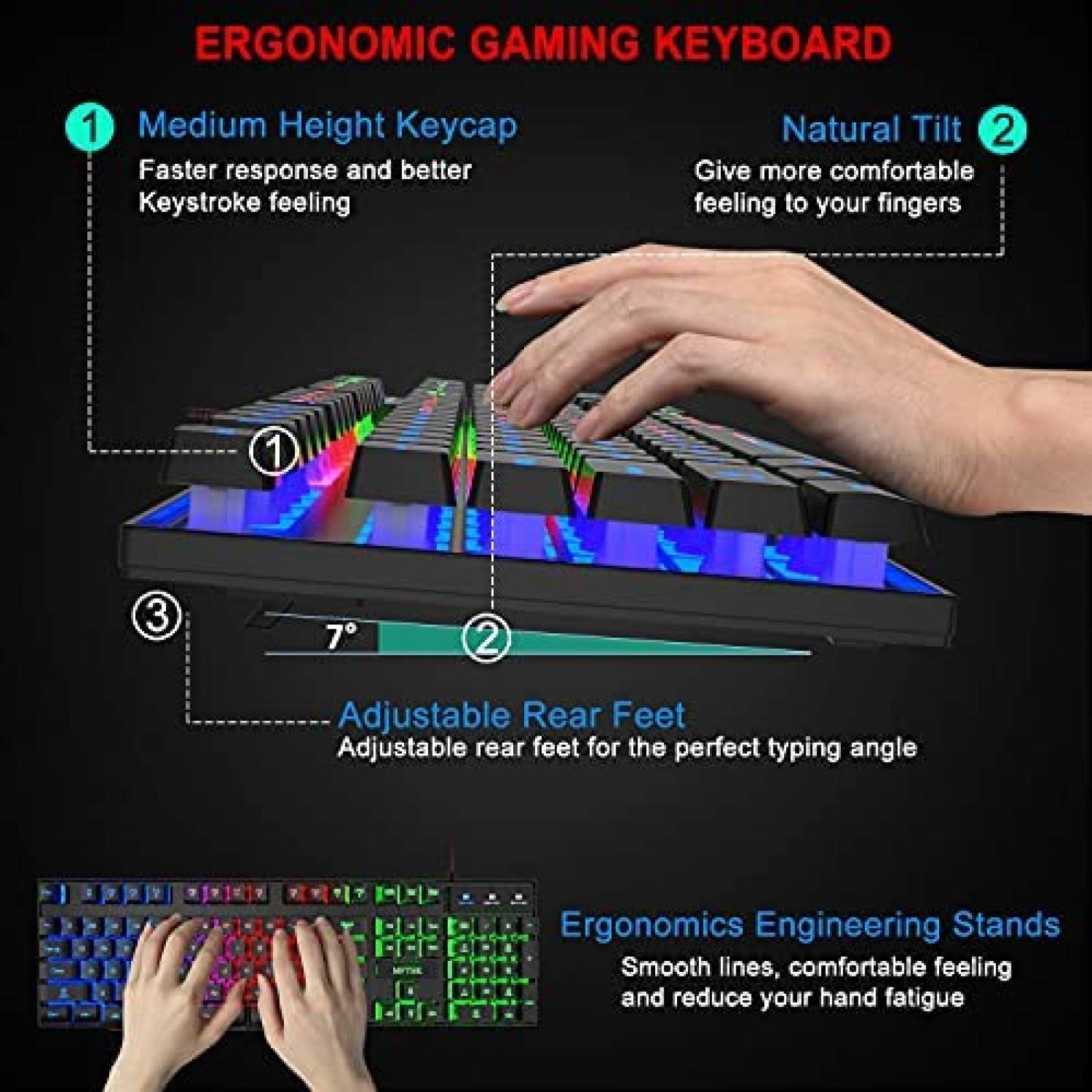 Teclado Gamer MFTEK RGB Rainbow con Mouse y Audifonos -Negro