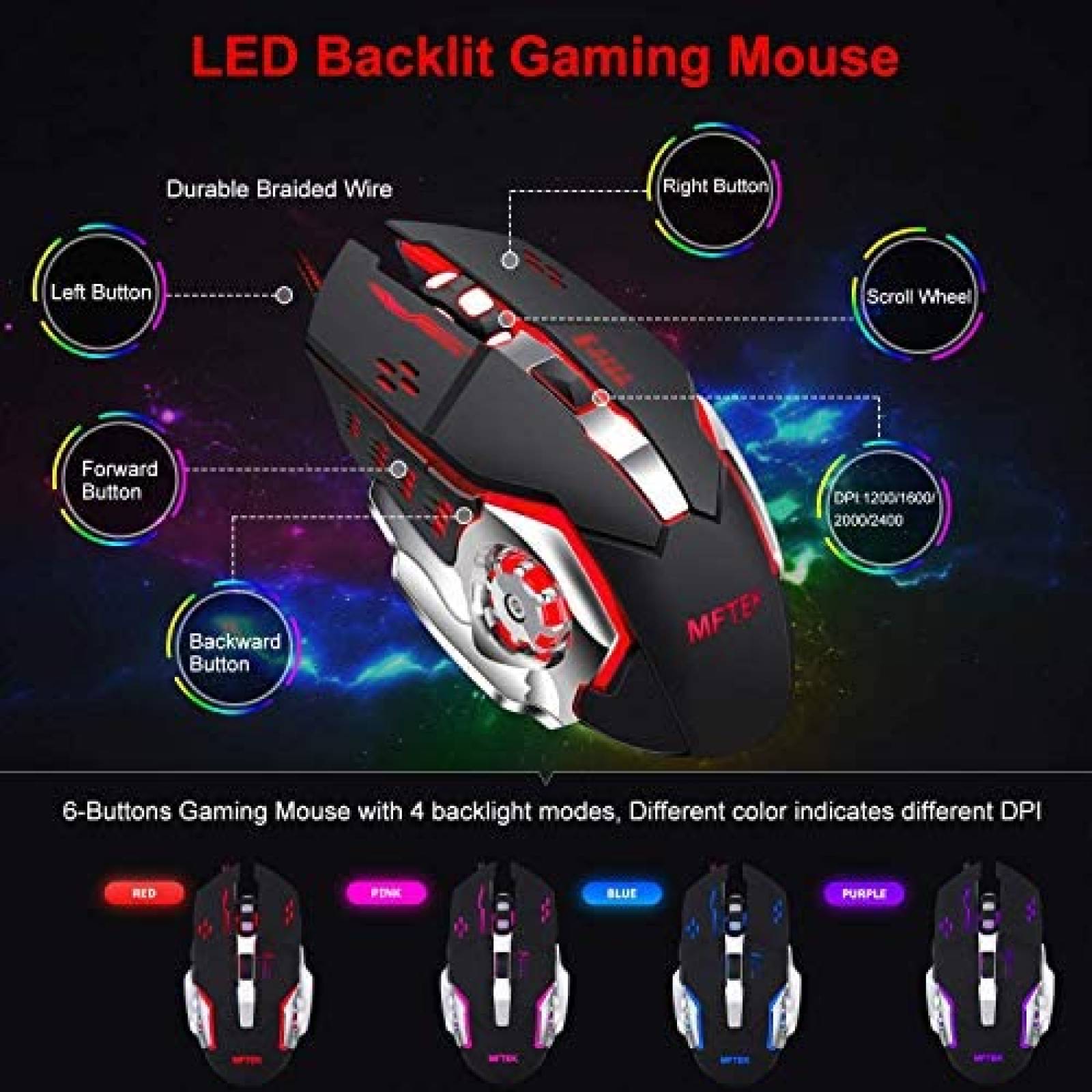 Teclado Gamer MFTEK RGB Rainbow con Mouse y Audifonos -Negro